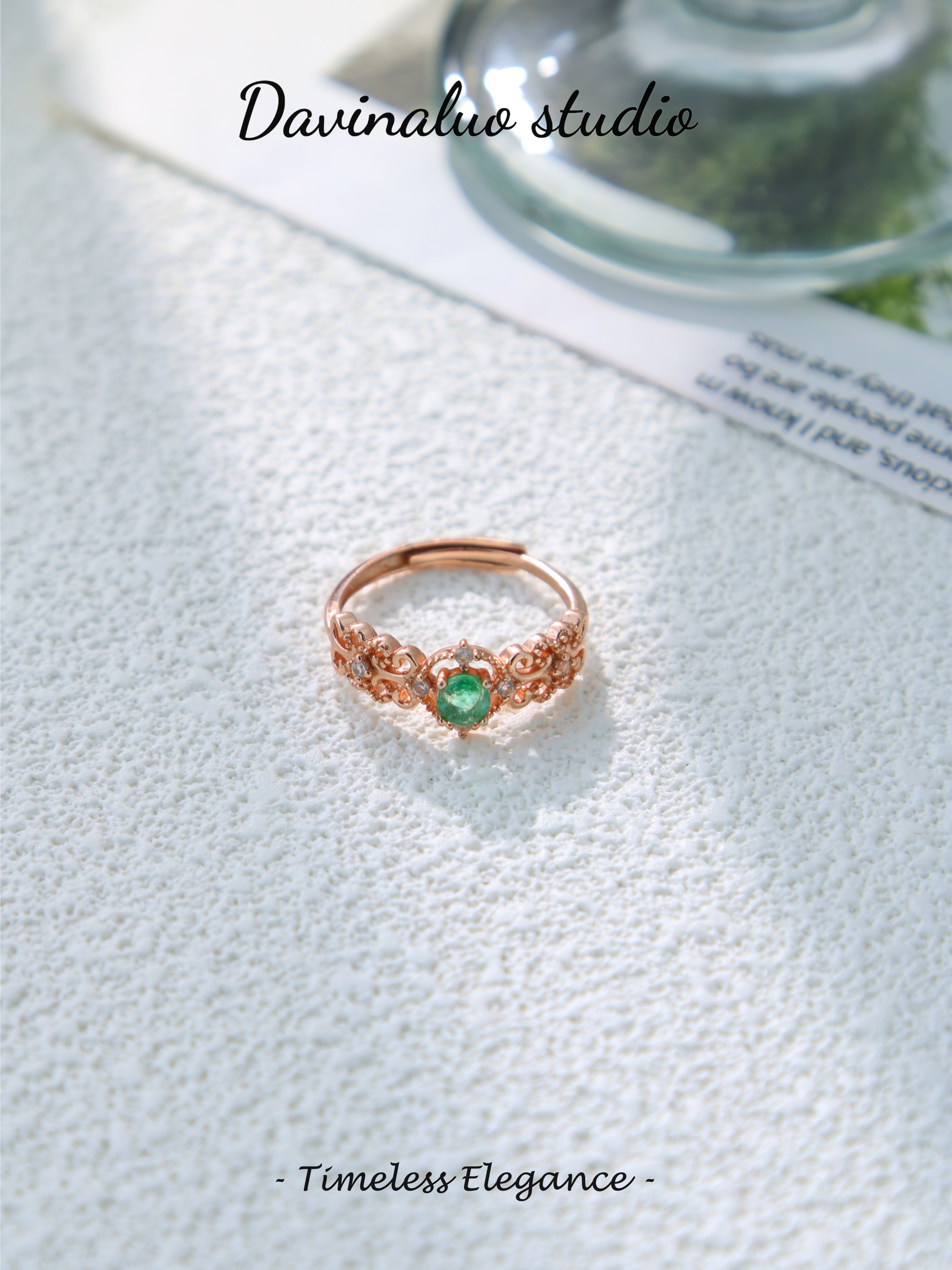 S925 Rose Gold Simple Circular Cut Emerald Ring