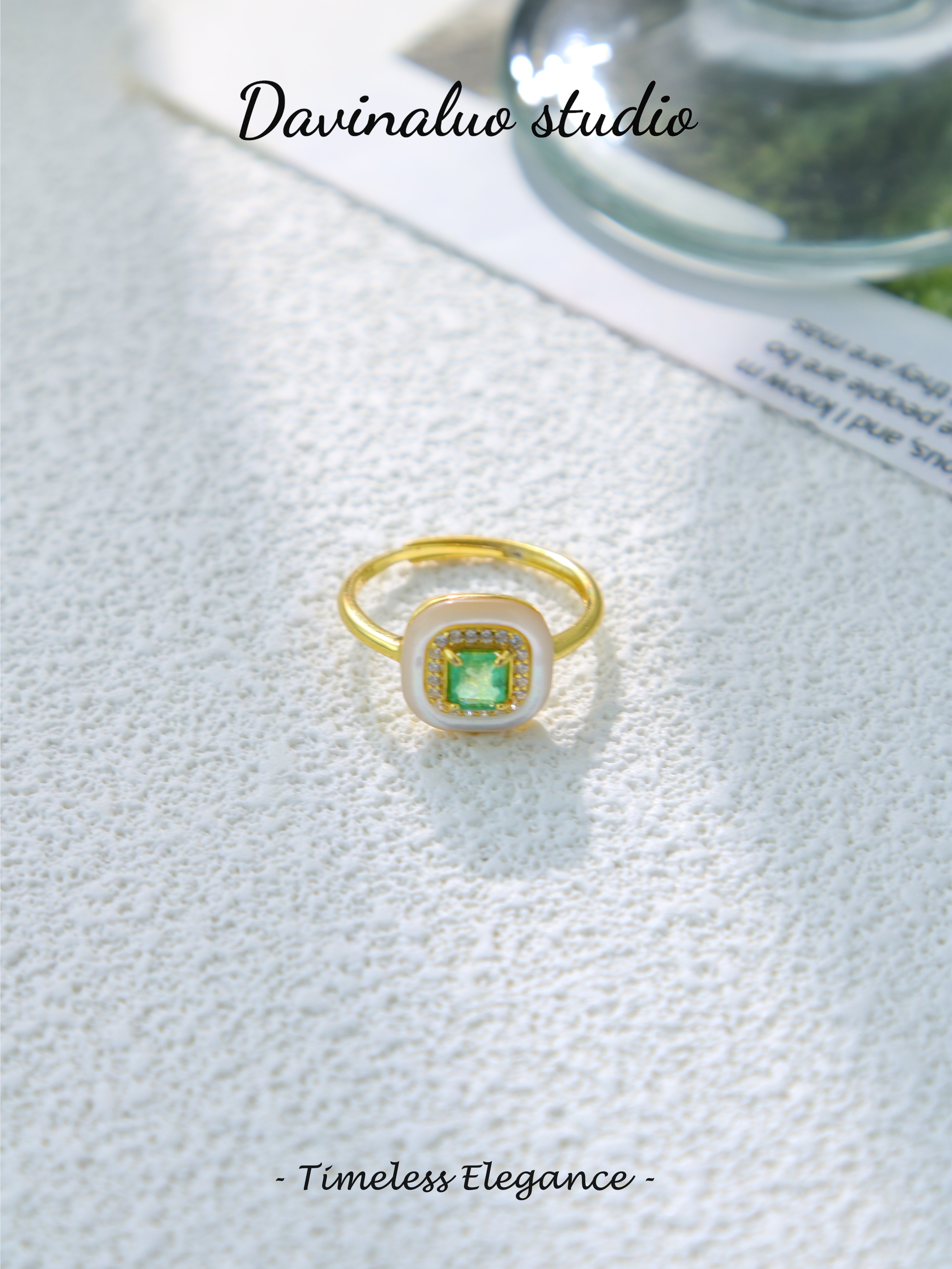 S925 Gold Simple Square Cut Emerald Ring