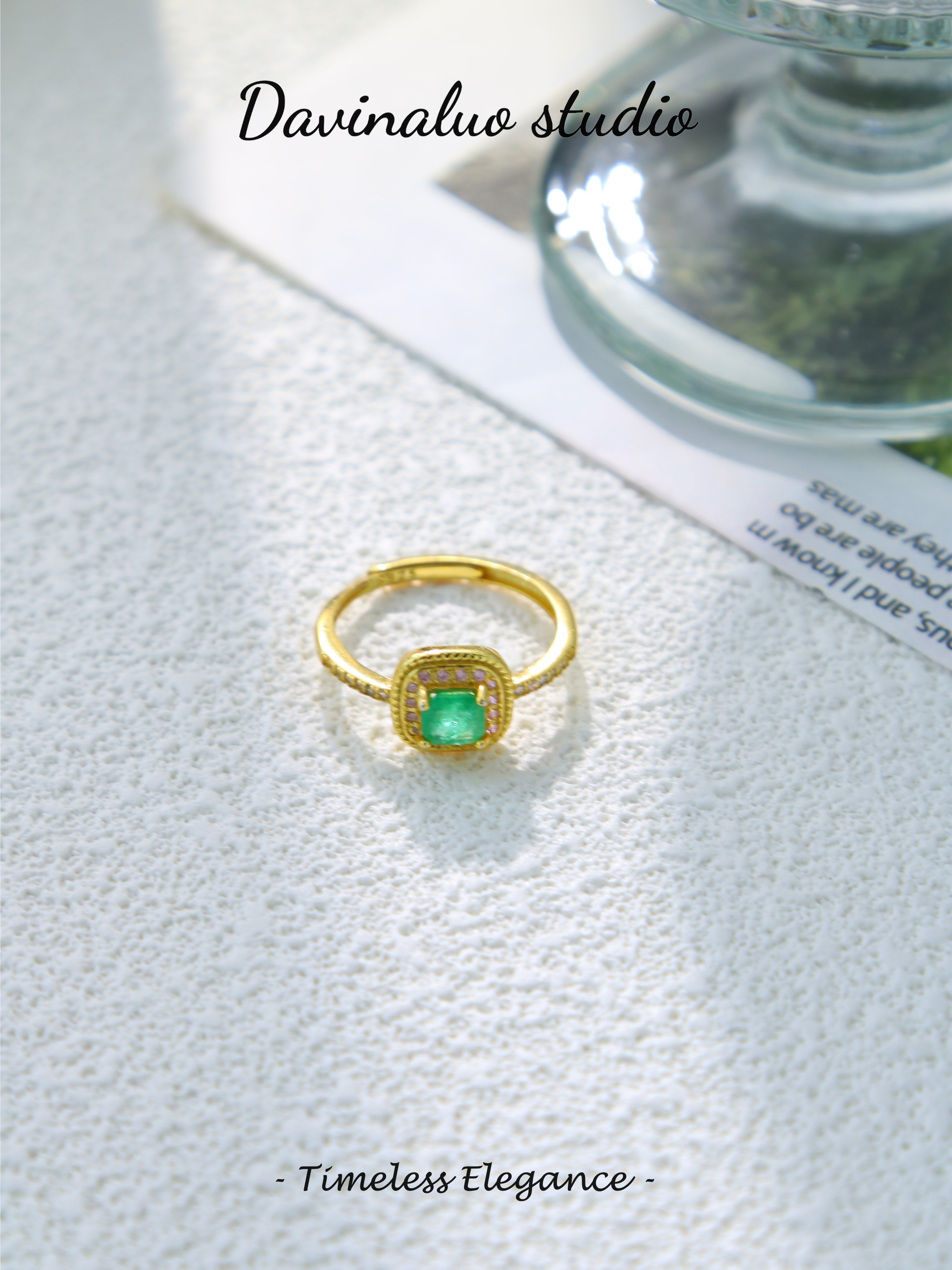 S925 Gold Simple Square Cut Emerald Ring