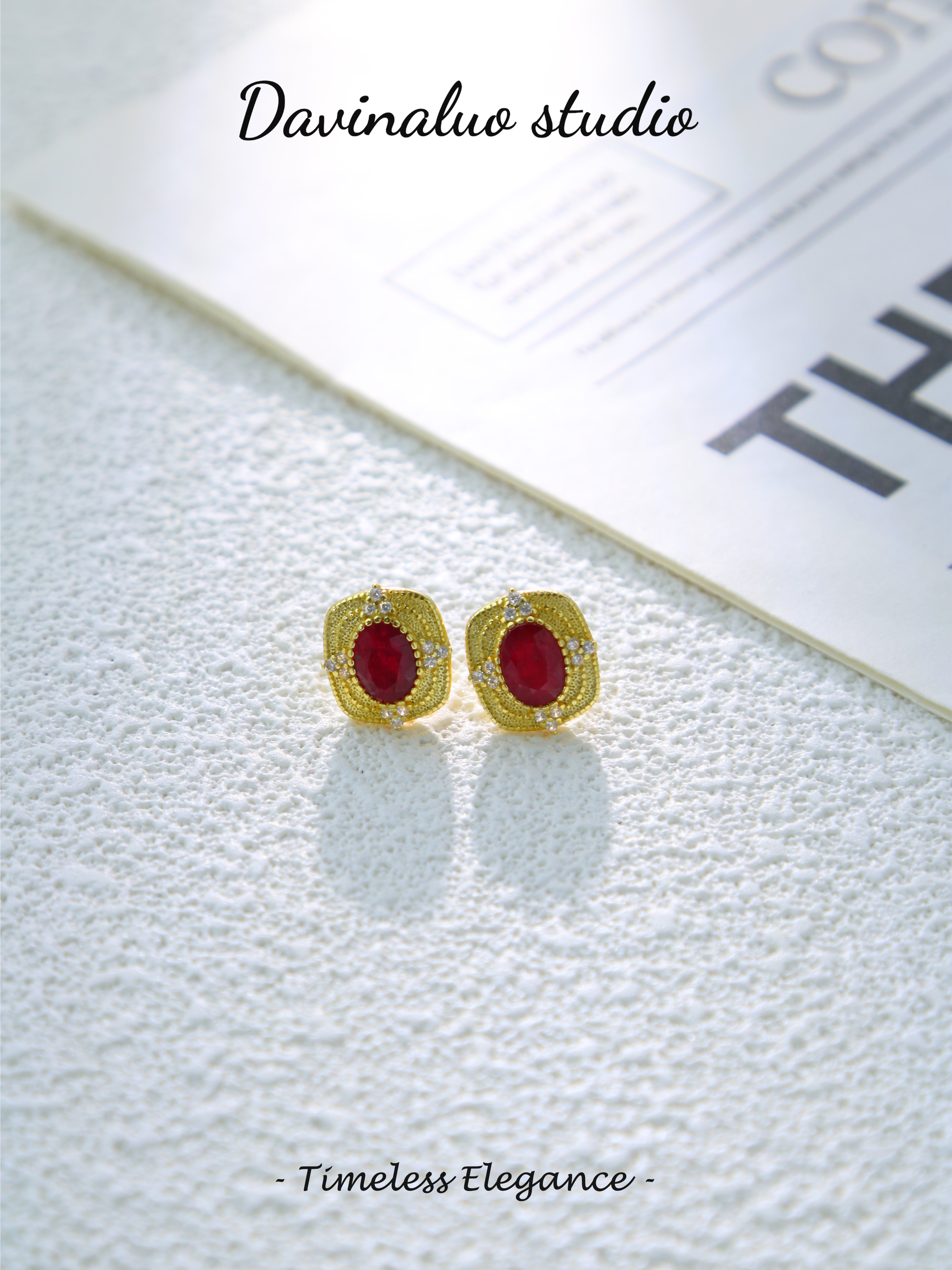 S925 Gold Simple Oval Cut Ruby Earrings