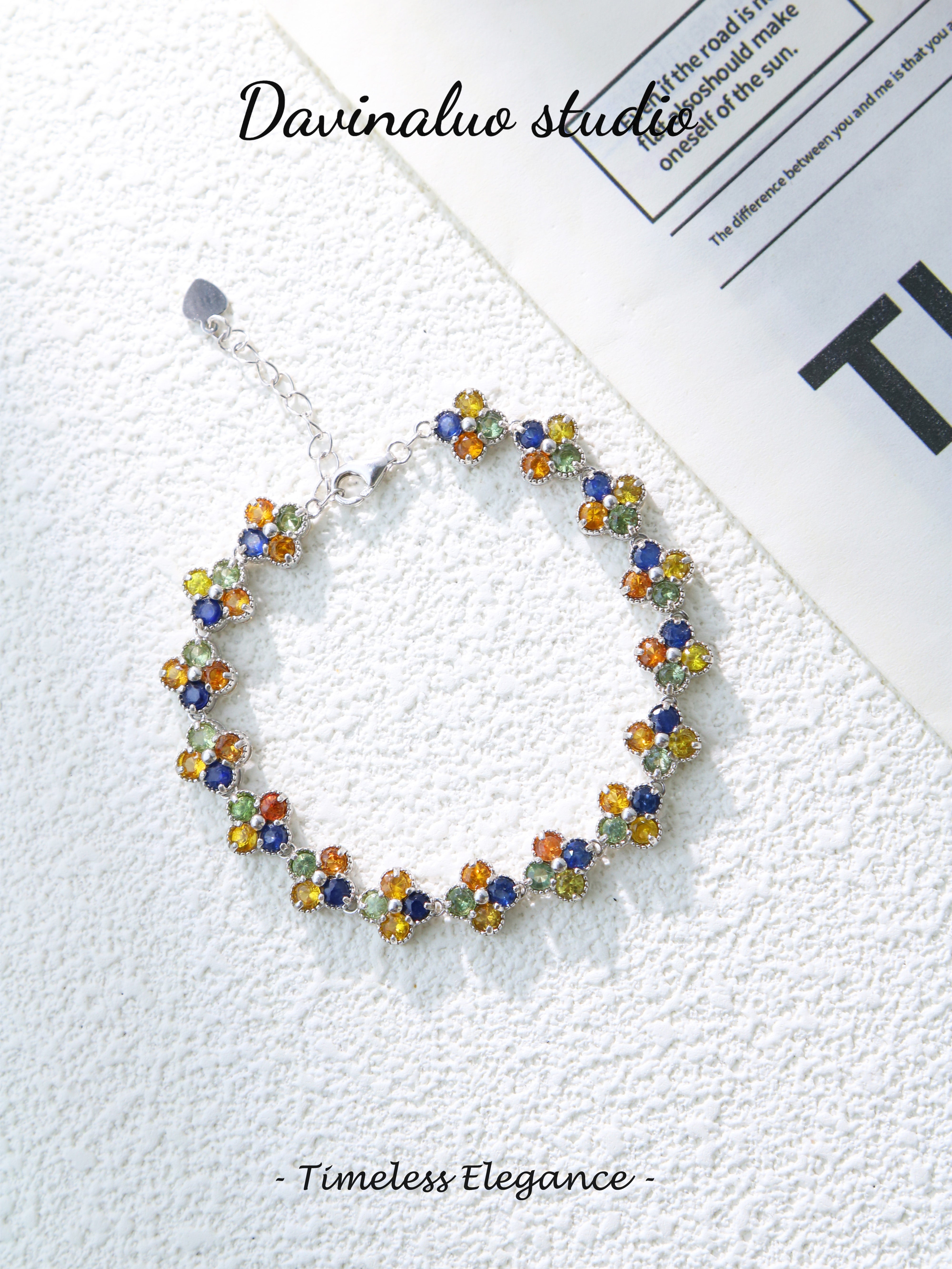 S925 Silver Simple Round Cut Colored Sapphire Bracelet