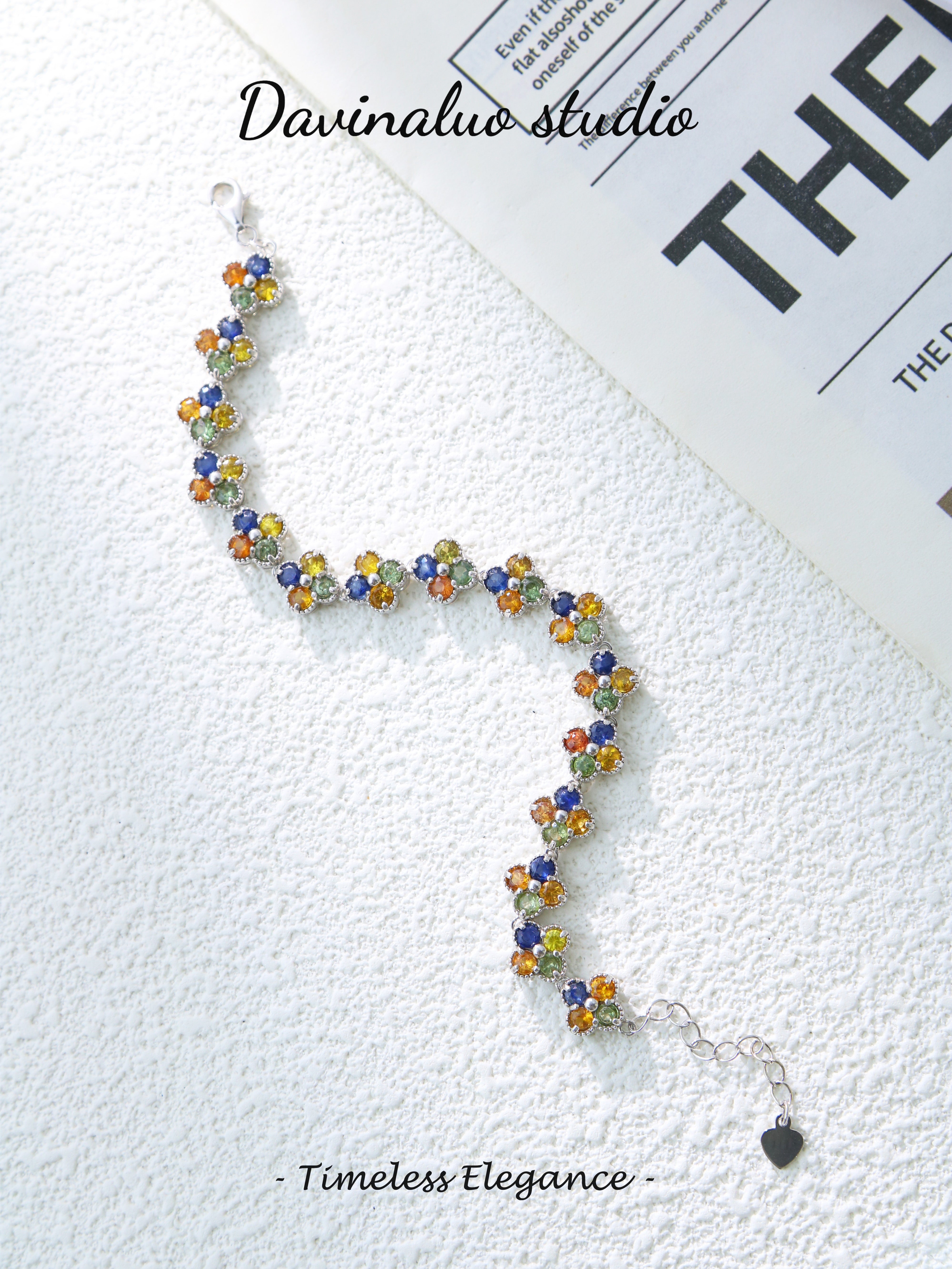 S925 Silver Simple Round Cut Colored Sapphire Bracelet