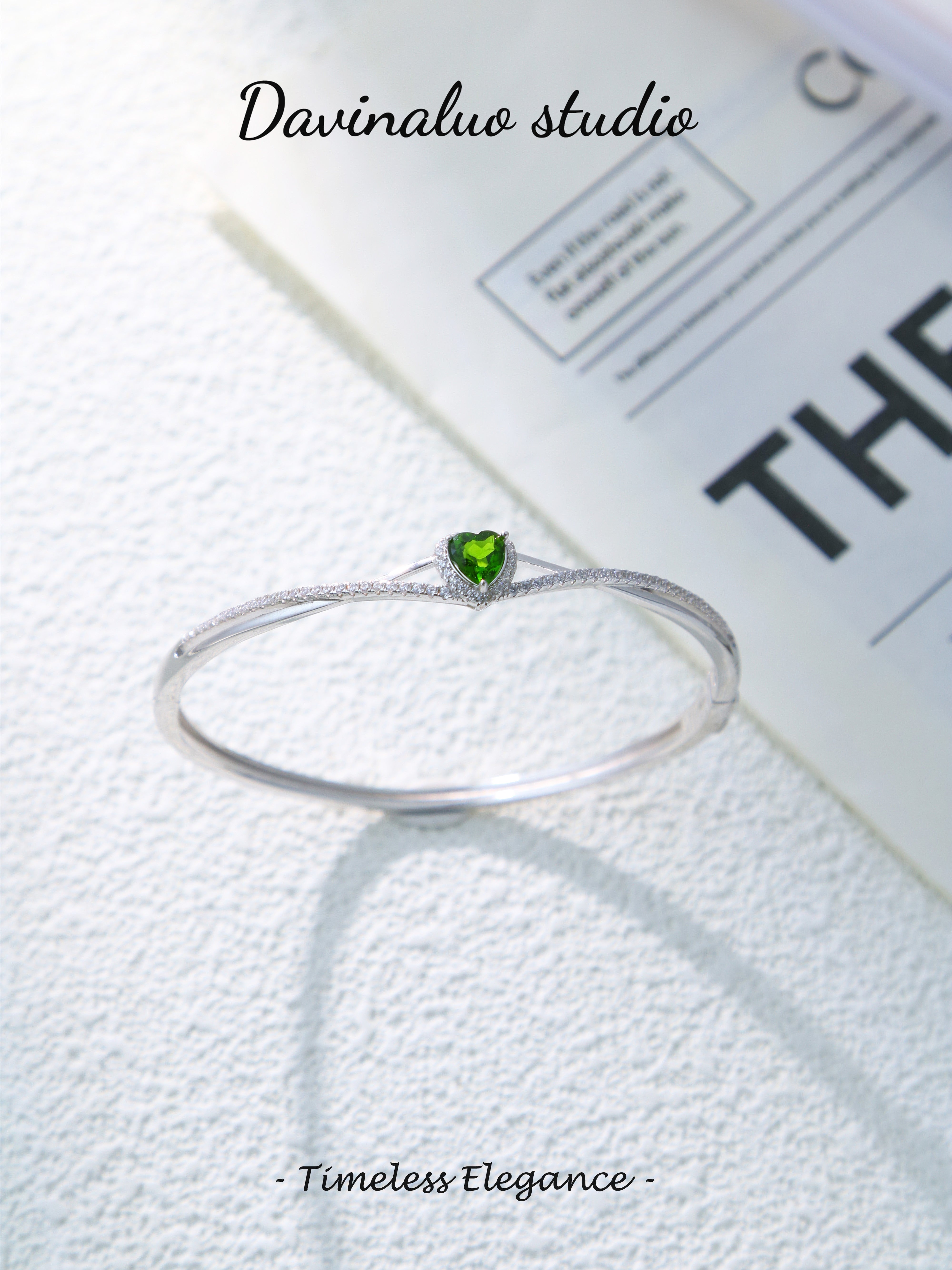 S925 Silver Simple Heart-Cut Diopside Bracelet