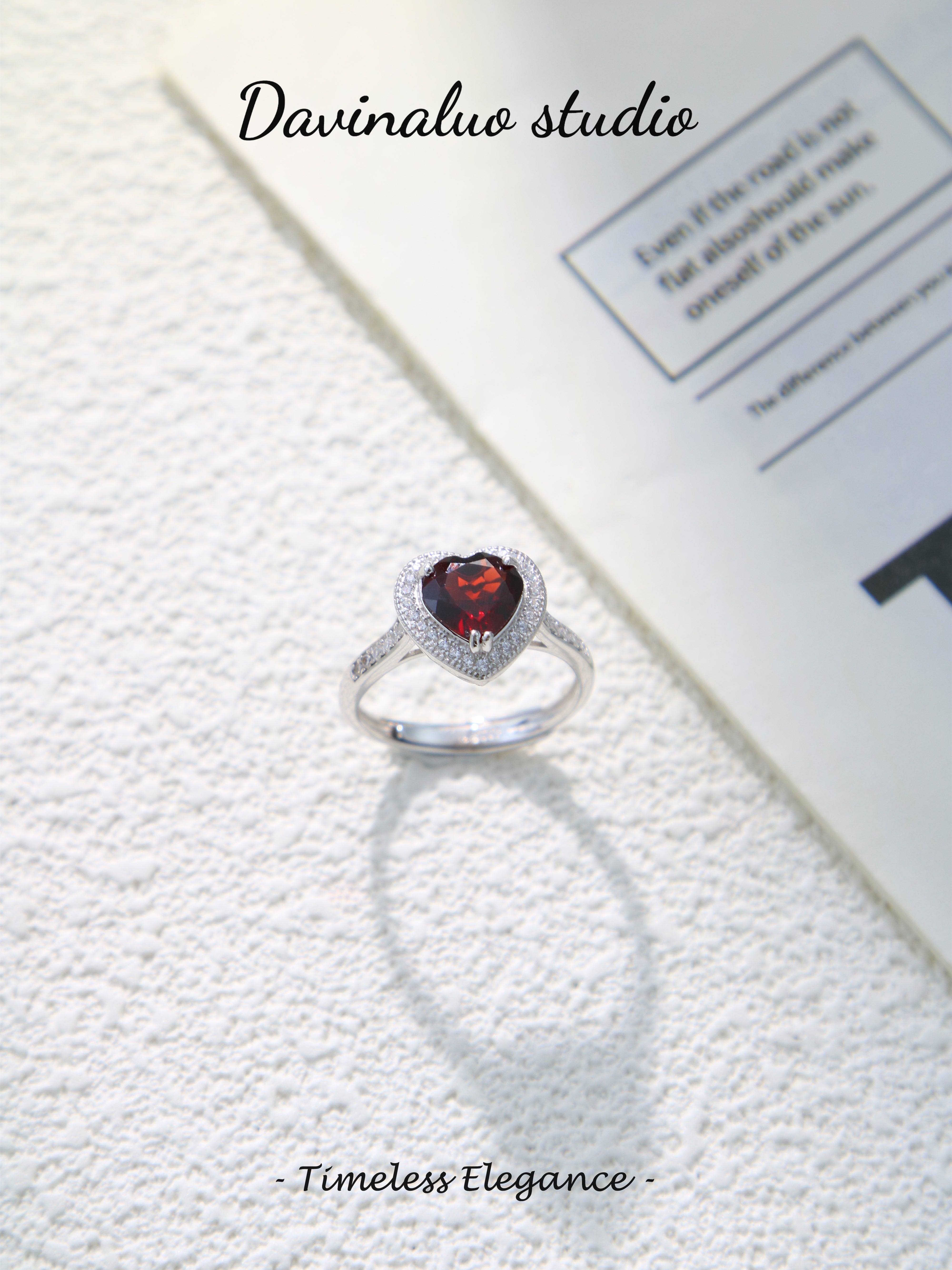 S925 Silver Simple Heart Cut Garnet Ring