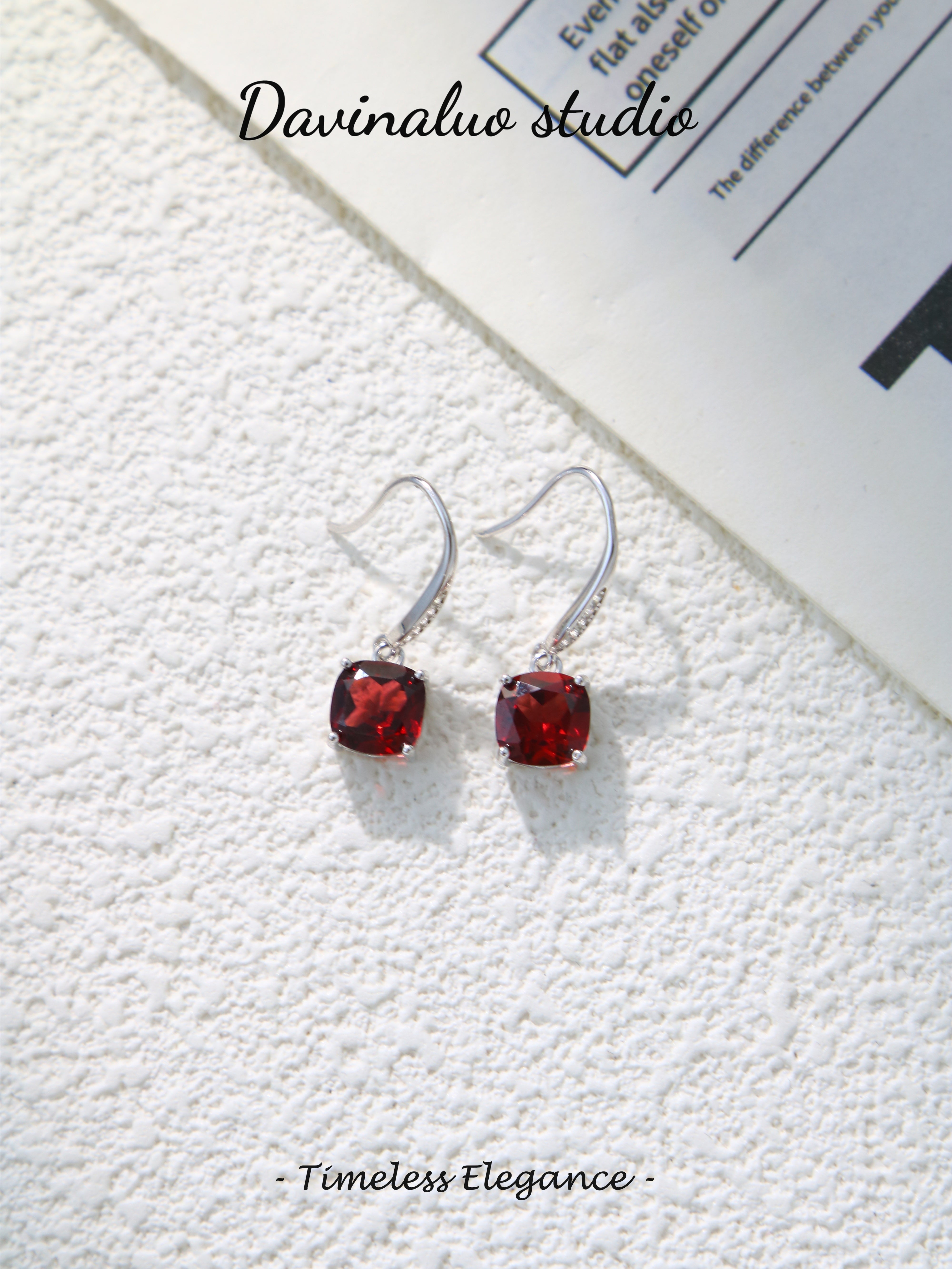 S925 Silver Classic Square Cut Garnet Earrings