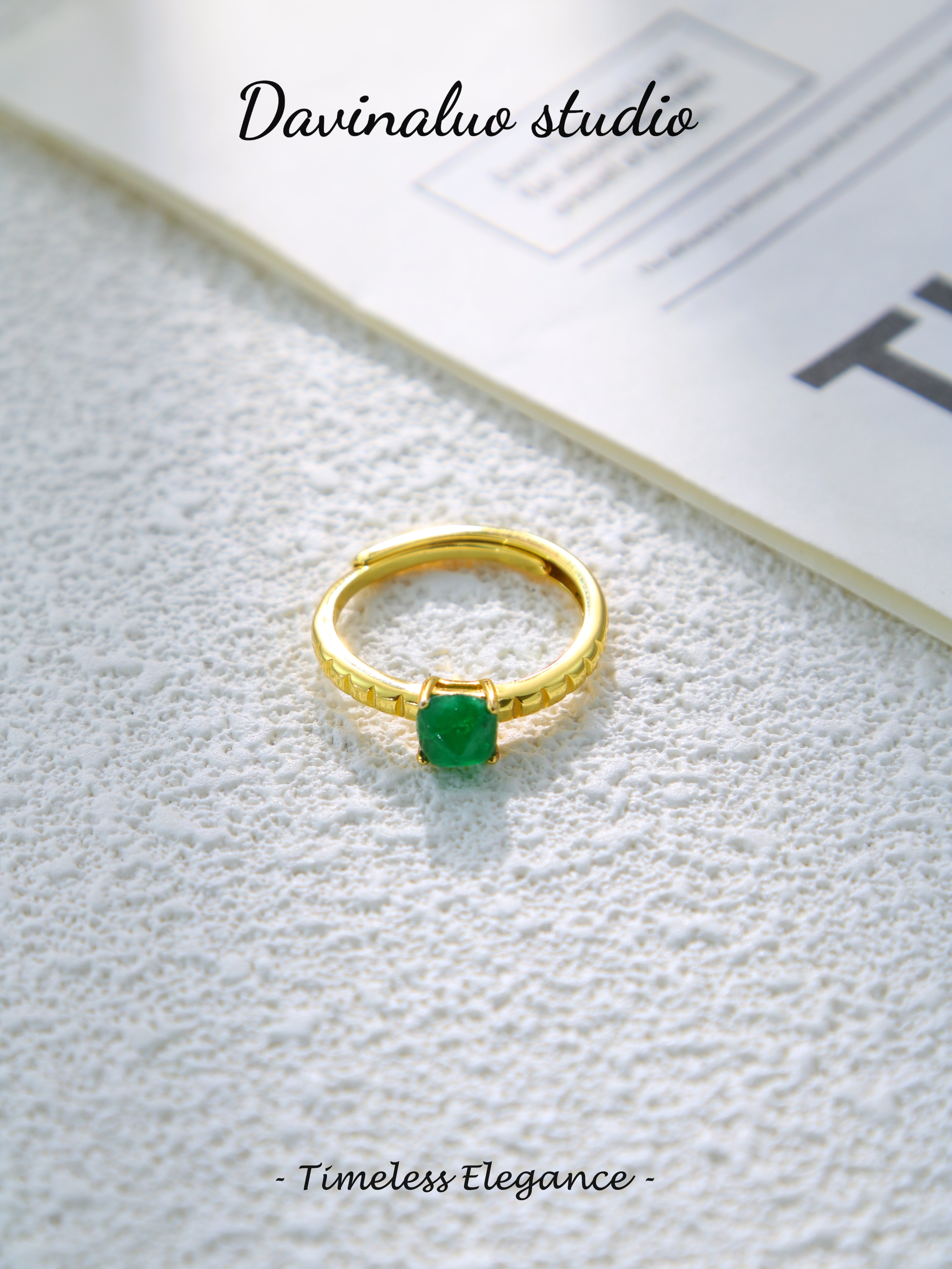 S925 Gold Simple Cushion Cut Emerald Ring