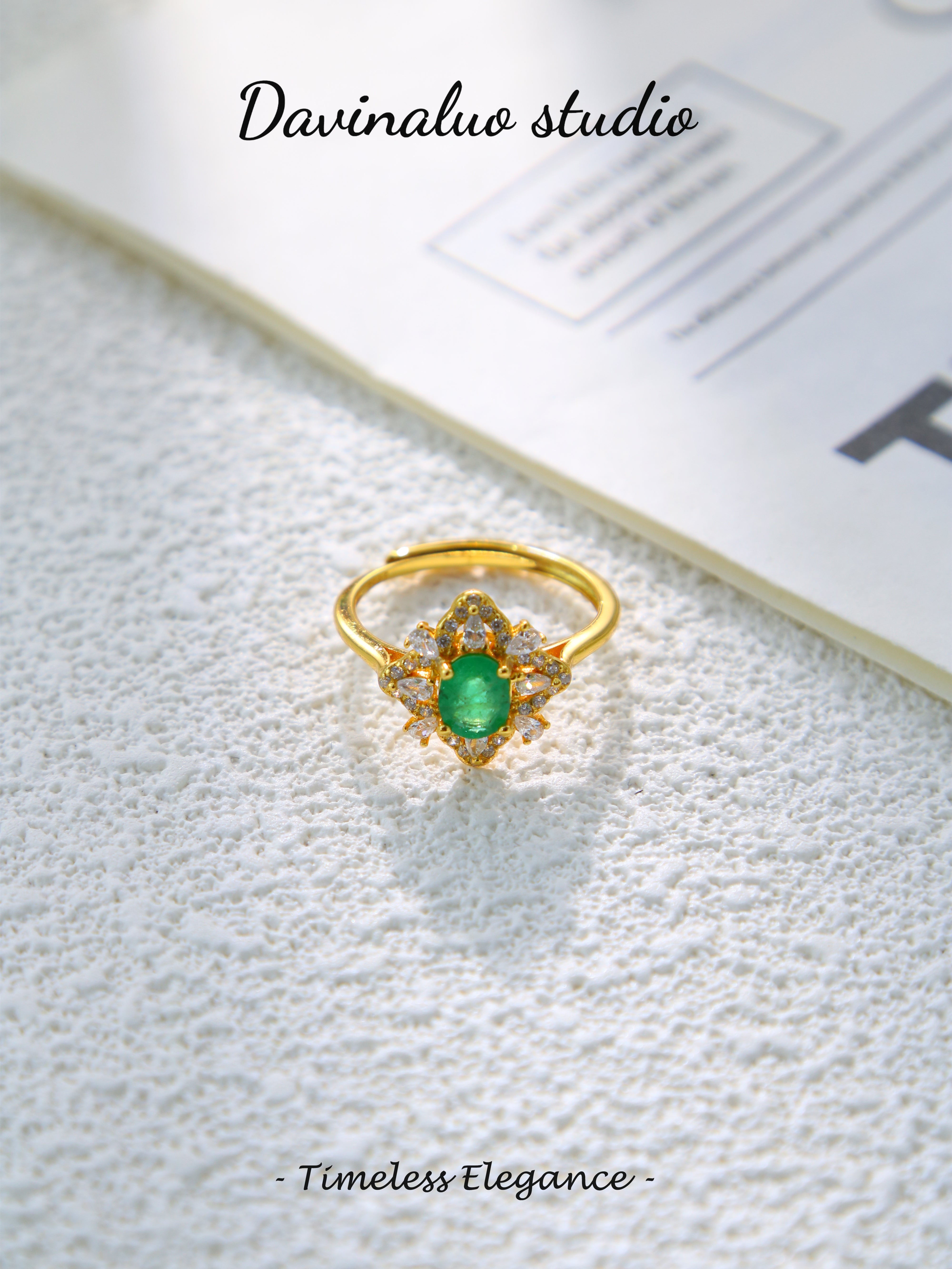 S925 Gold Simple Oval Cut Emerald Ring