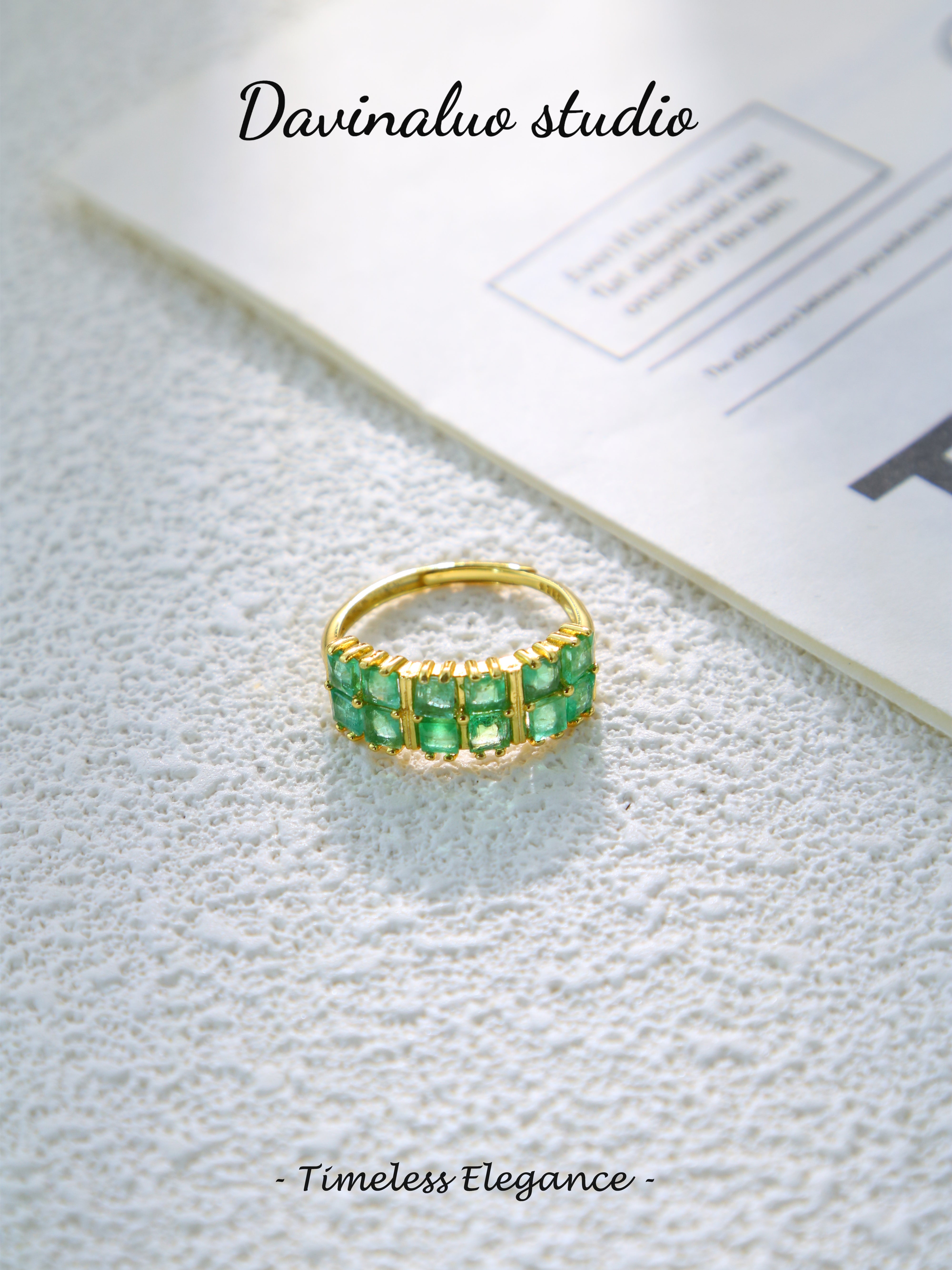 S925 Gold Simple Square Cut Emerald Ring