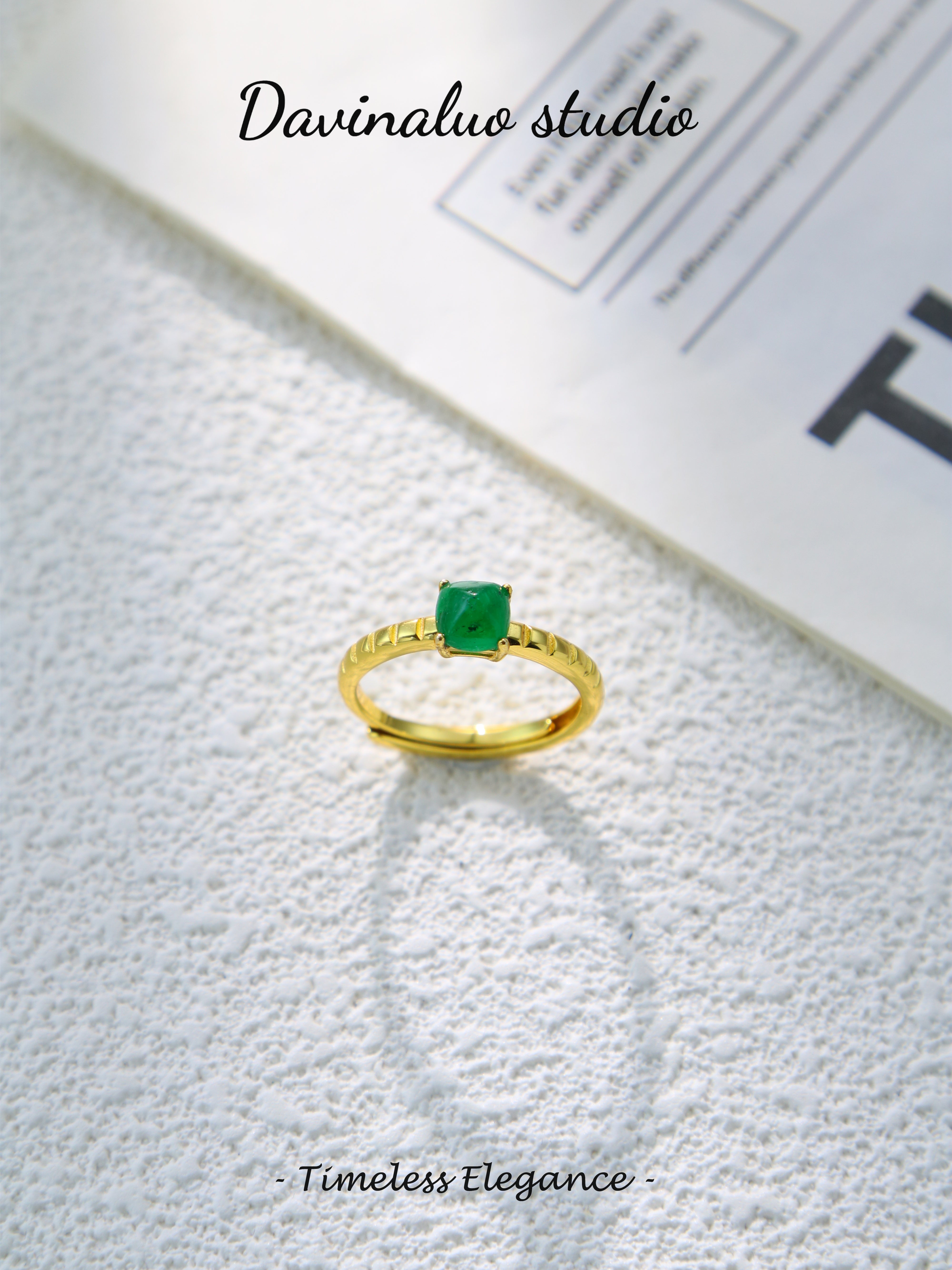S925 Gold Simple Cushion Cut Emerald Ring