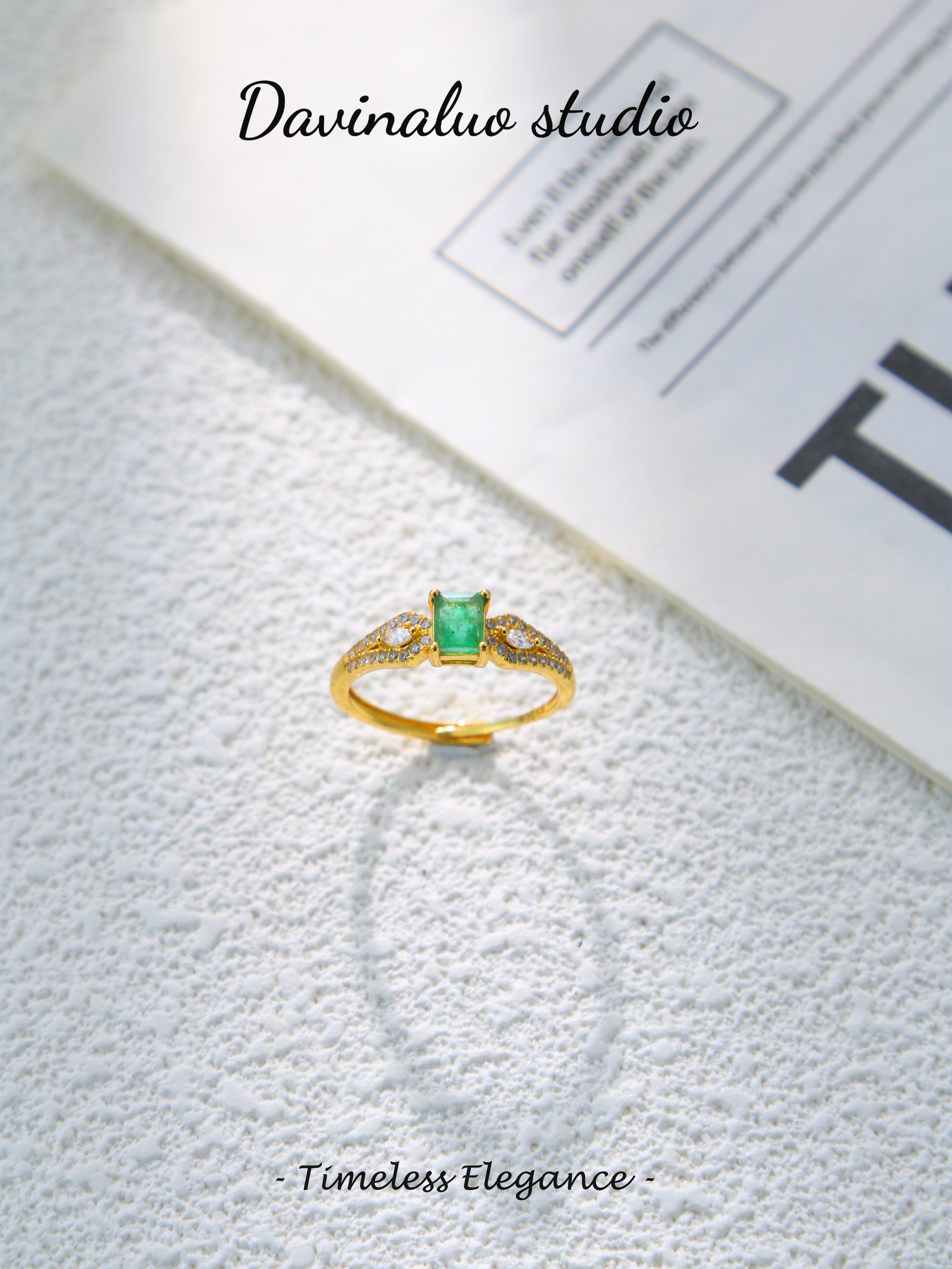 S925 Gold Simple Baguette Cut Emerald Ring