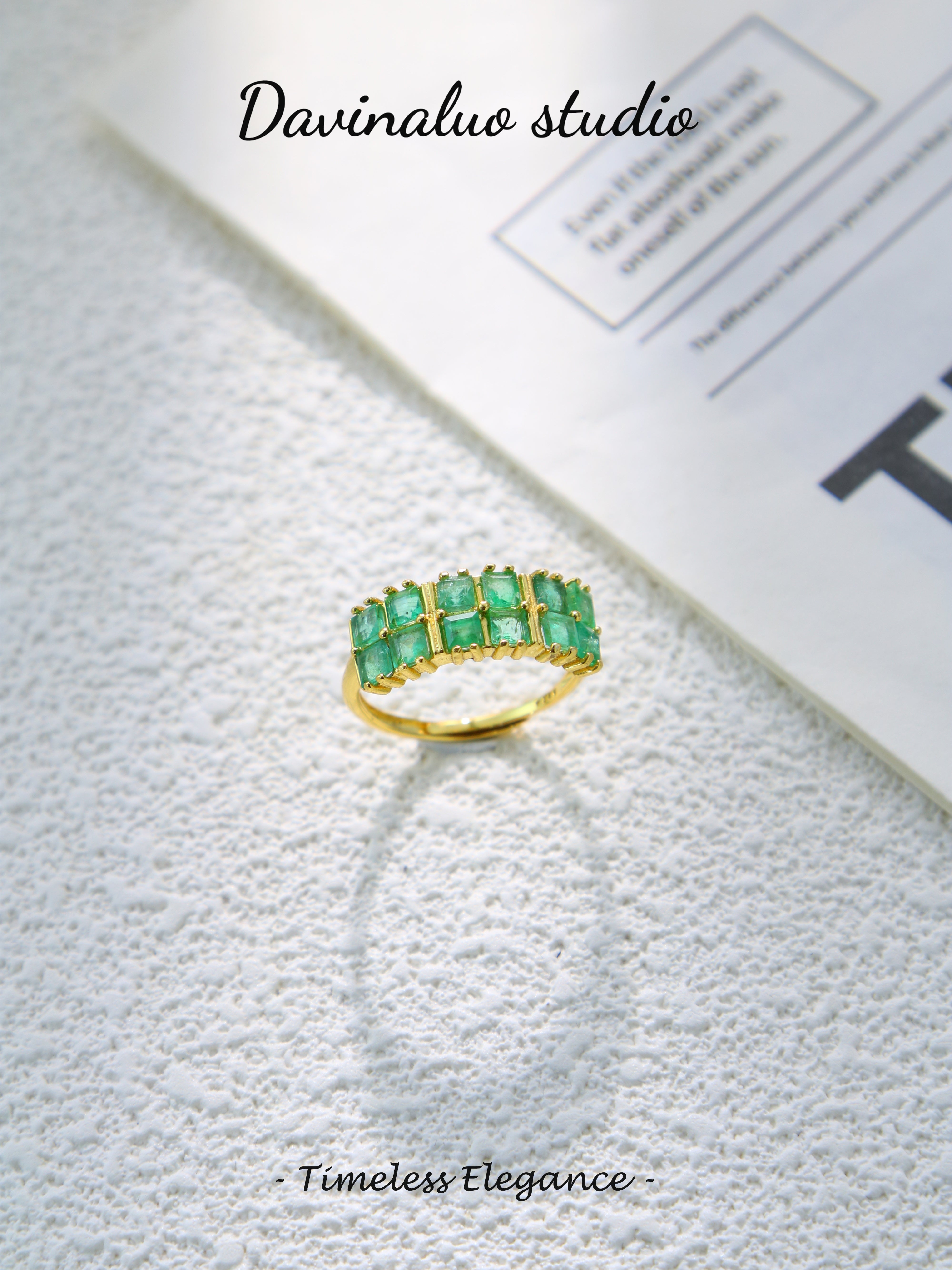 S925 Gold Simple Square Cut Emerald Ring