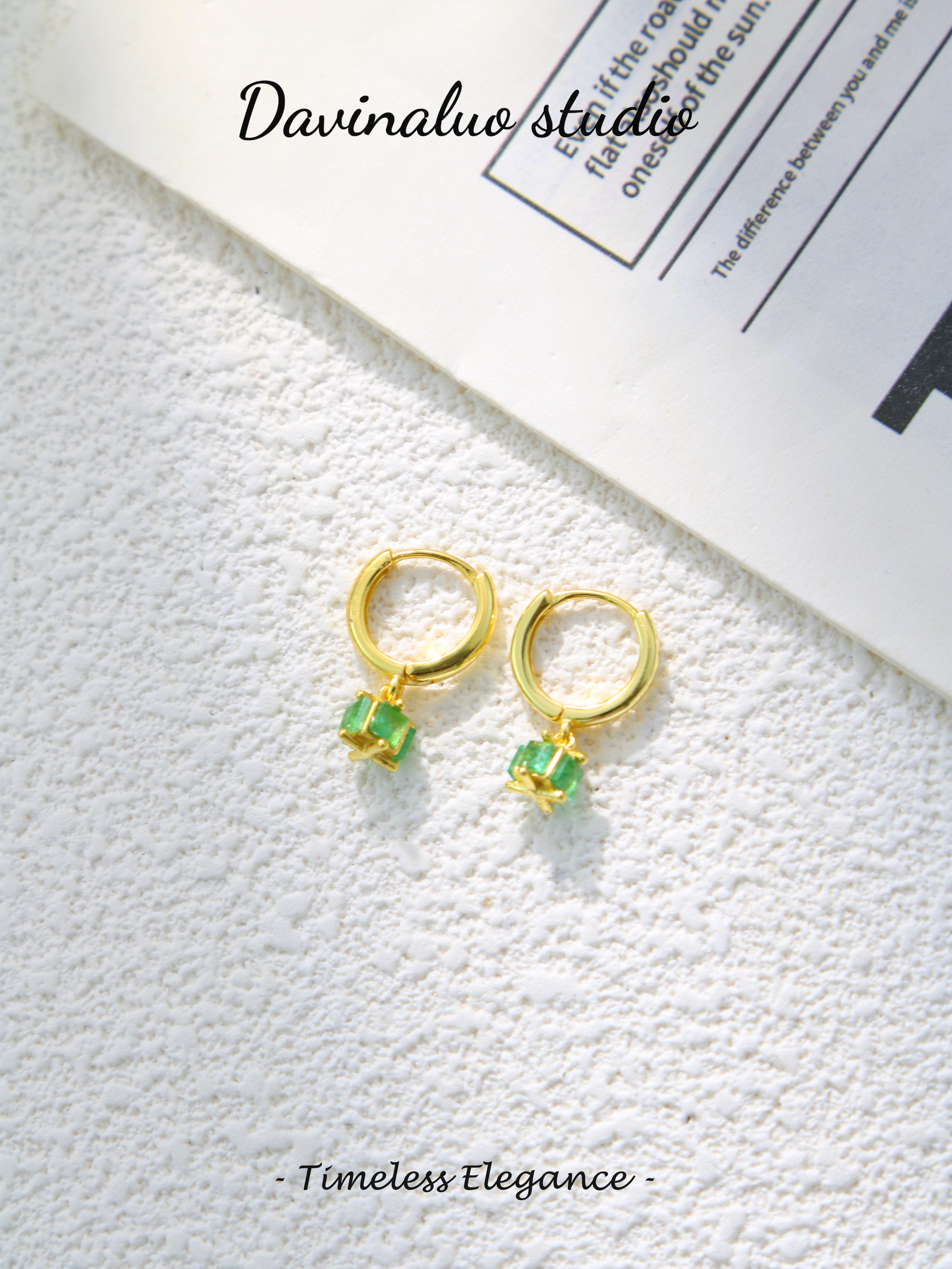 S925 Gold Simple Square Cut Emerald Earrings