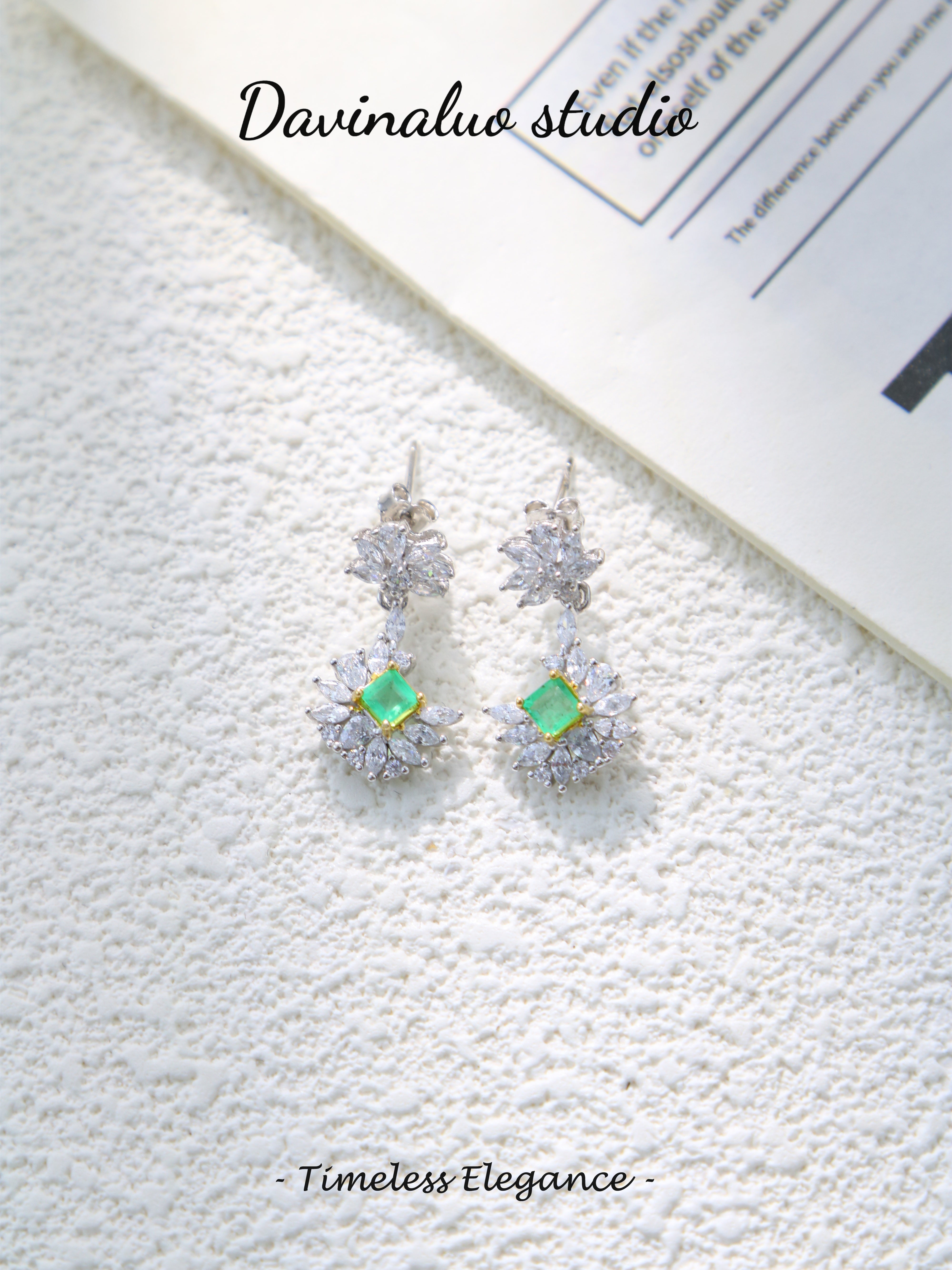 S925 Silver Simple Square Cut Emerald Earrings