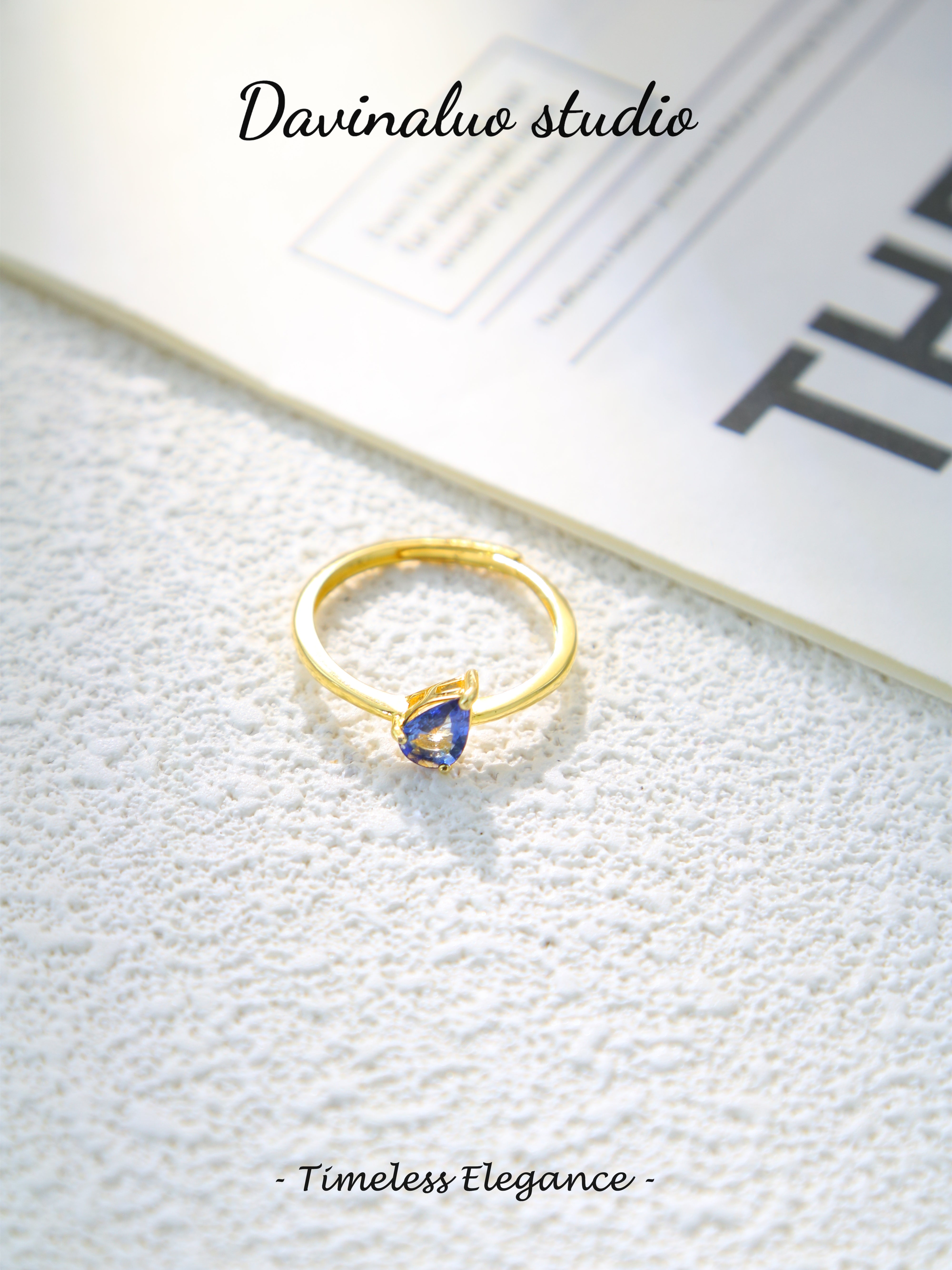 S925 Gold Simple Pear Cut Sapphire Ring