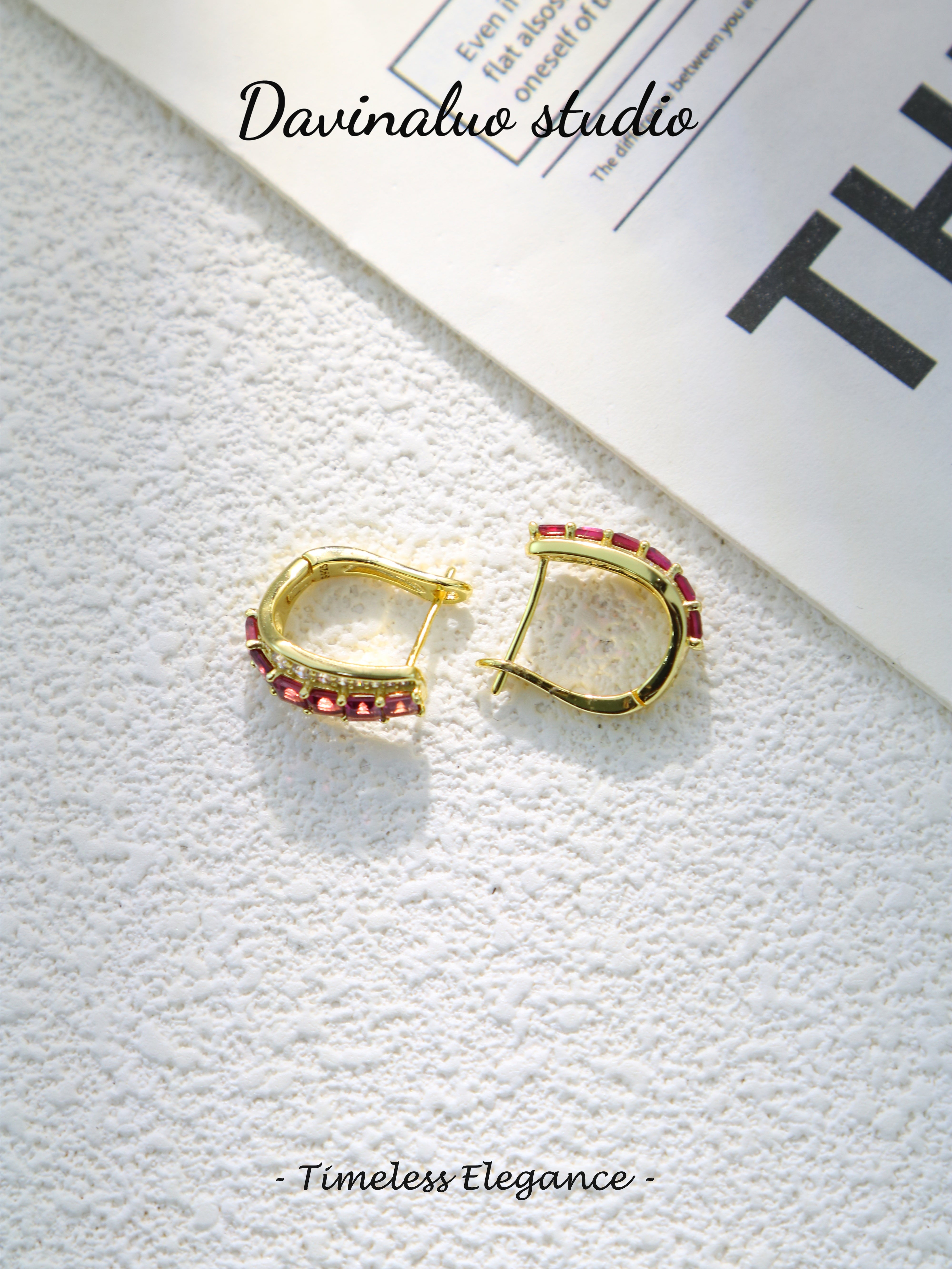 S925 Gold Simple Square Cut Garnet Earrings