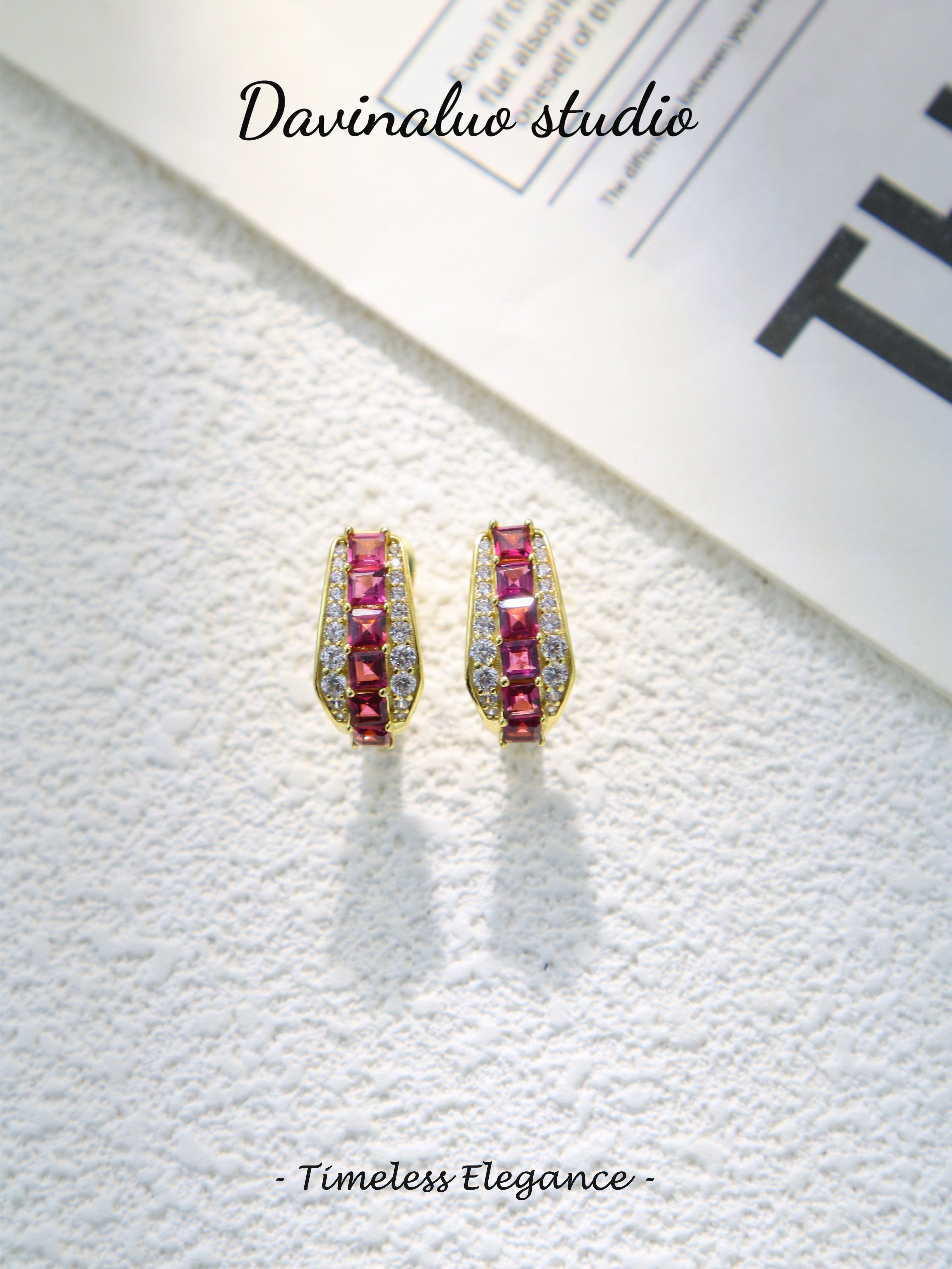 S925 Gold Simple Square Cut Garnet Earrings