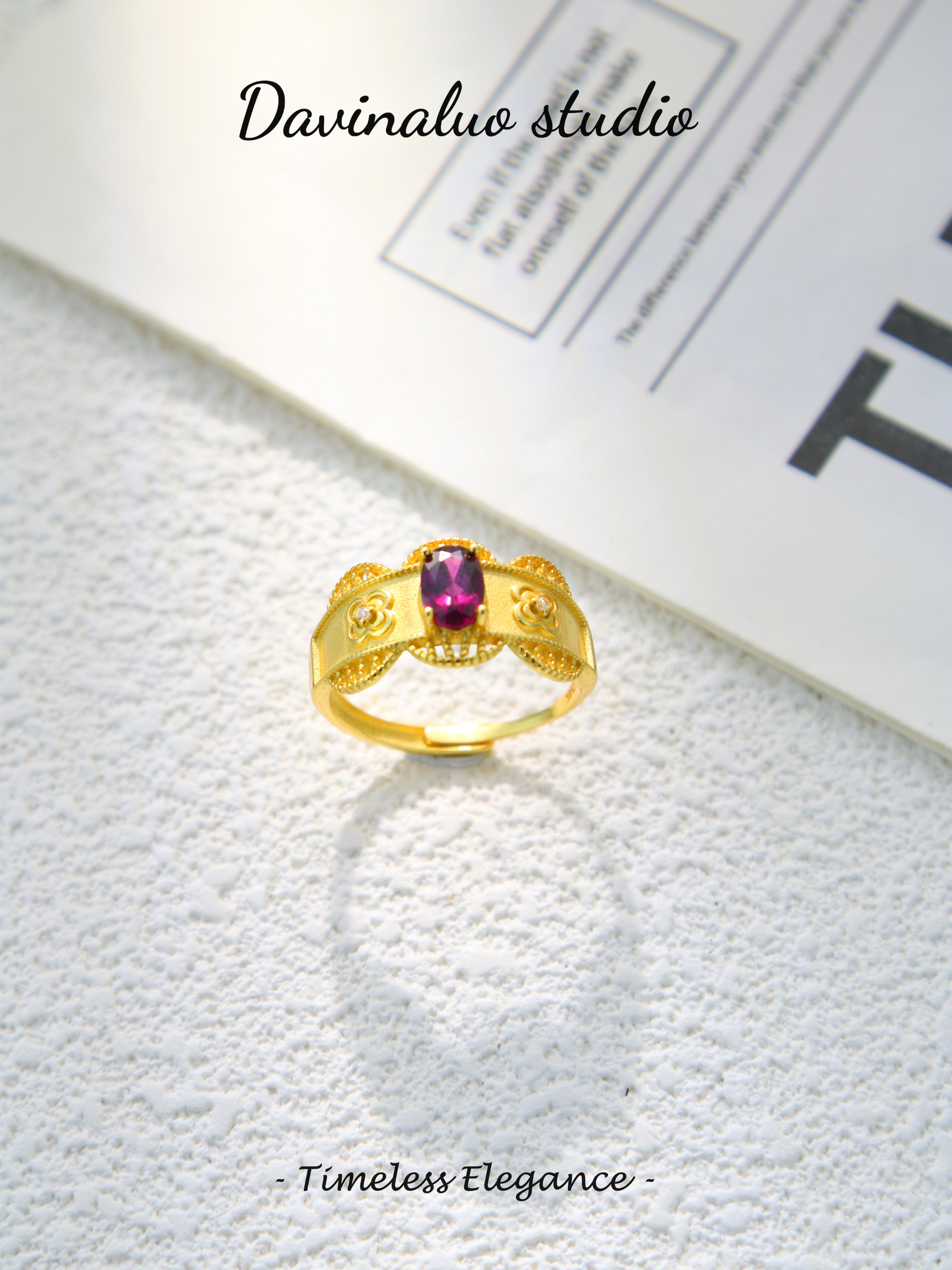 S925 Gold Simple Oval Cut Garnet Ring