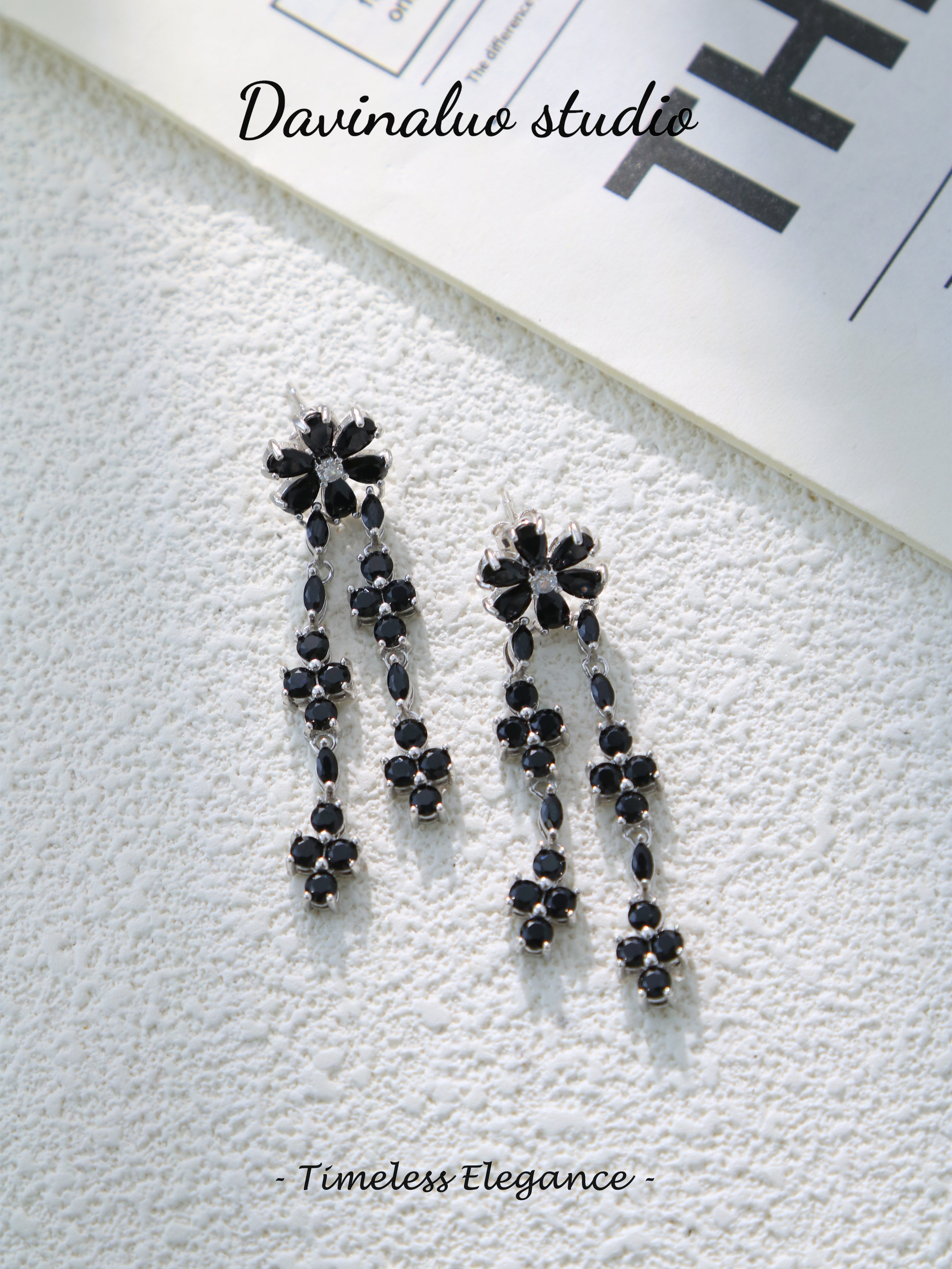 S925 Silver Fancy Pear Cut Black Spinel Earrings
