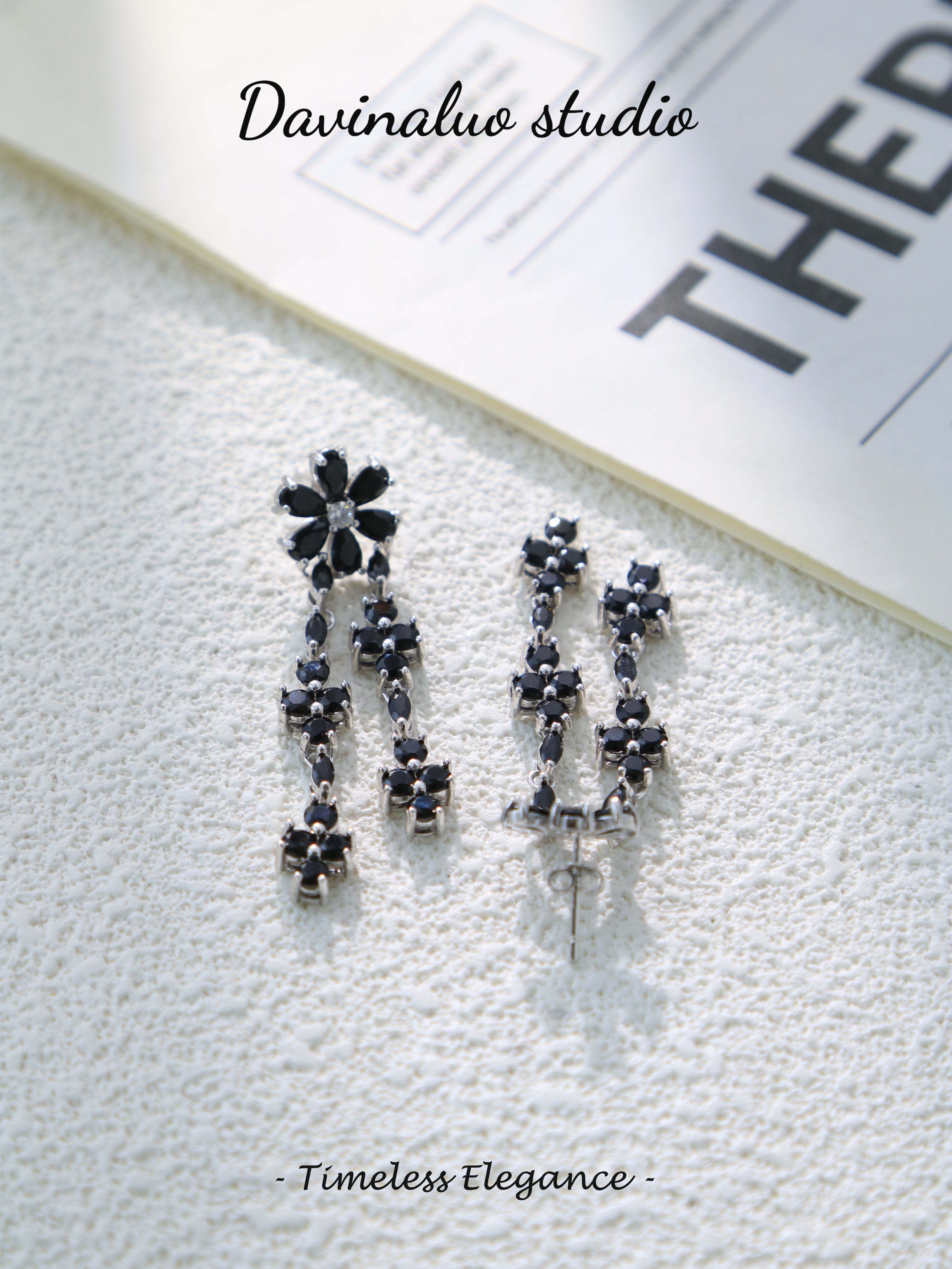 S925 Silver Fancy Pear Cut Black Spinel Earrings