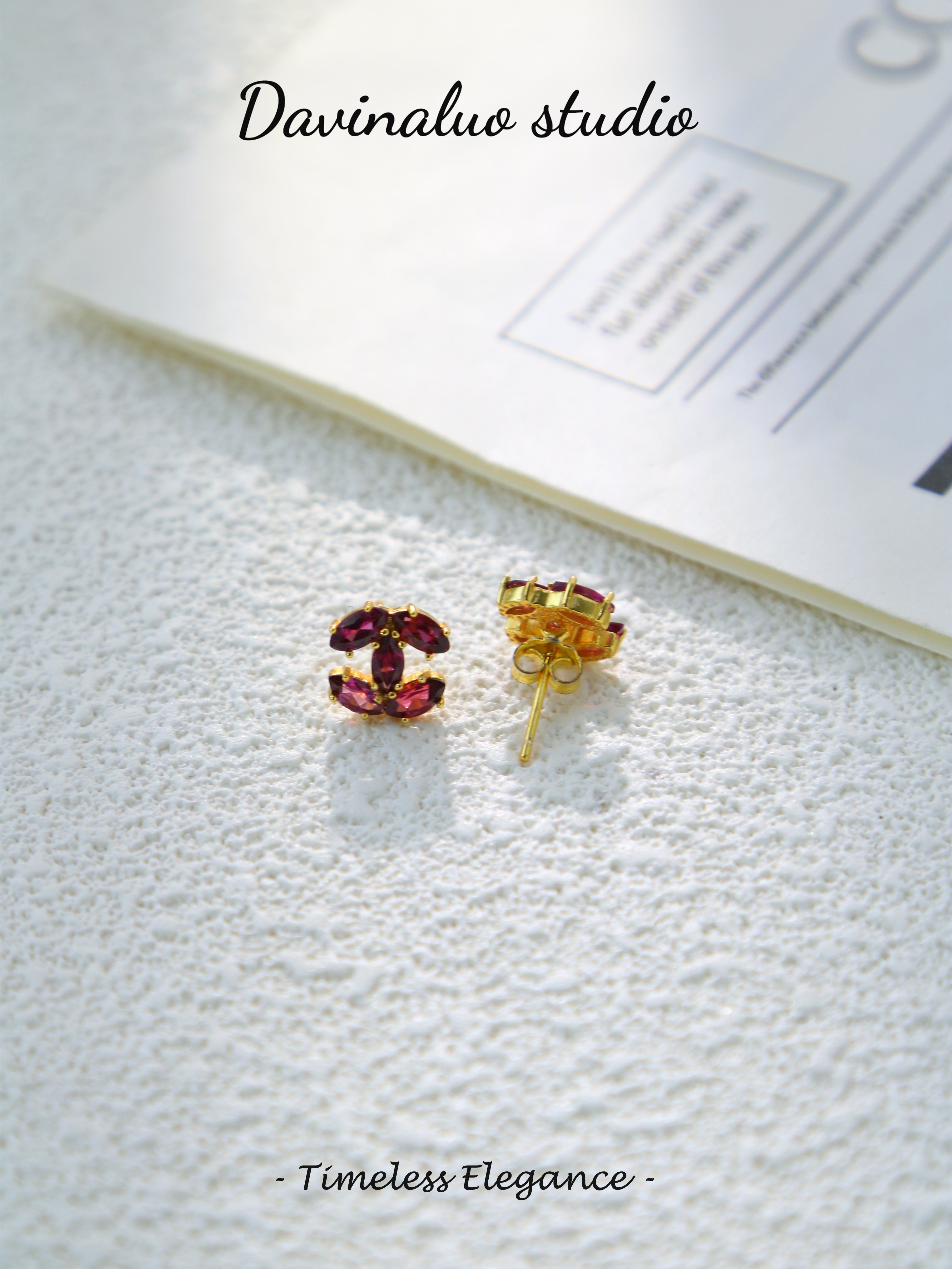 S925 Gold Simple Marquise Cut Garnet Earrings