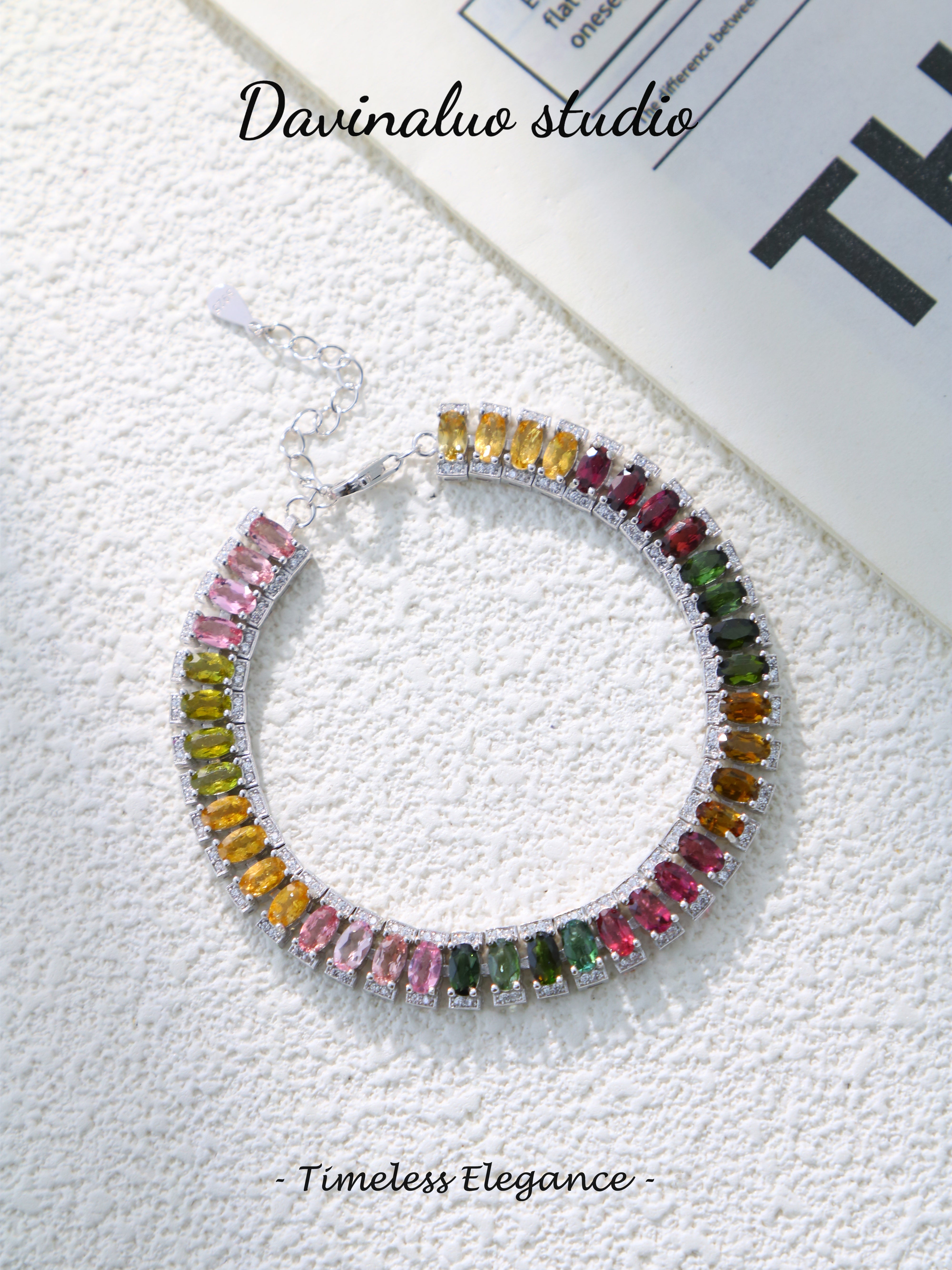 S925 Silver Simple Oval Cut Tourmaline Bracelet