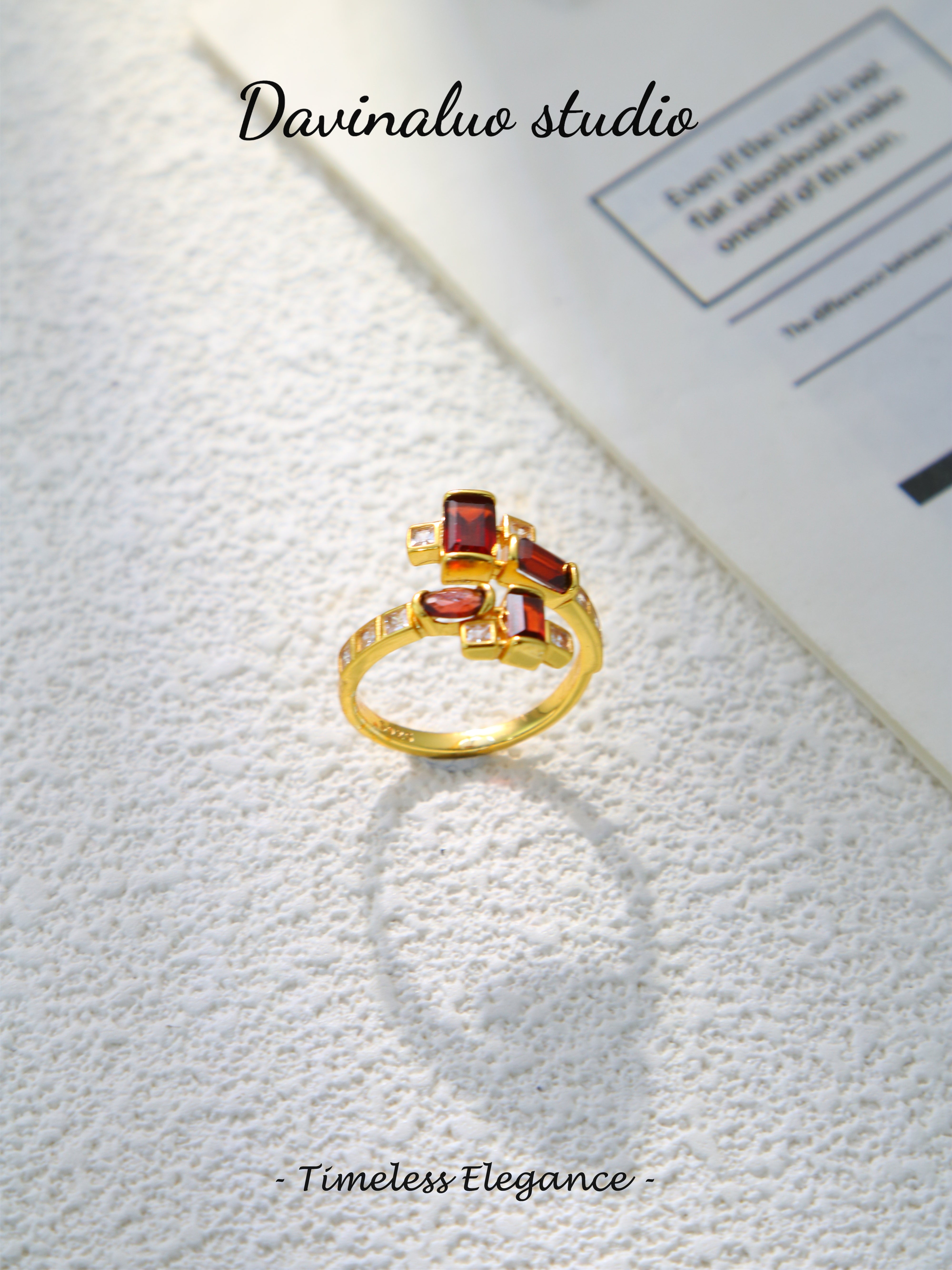 S925 Gold Classic Emerald-Cut Garnet Ring D0623073