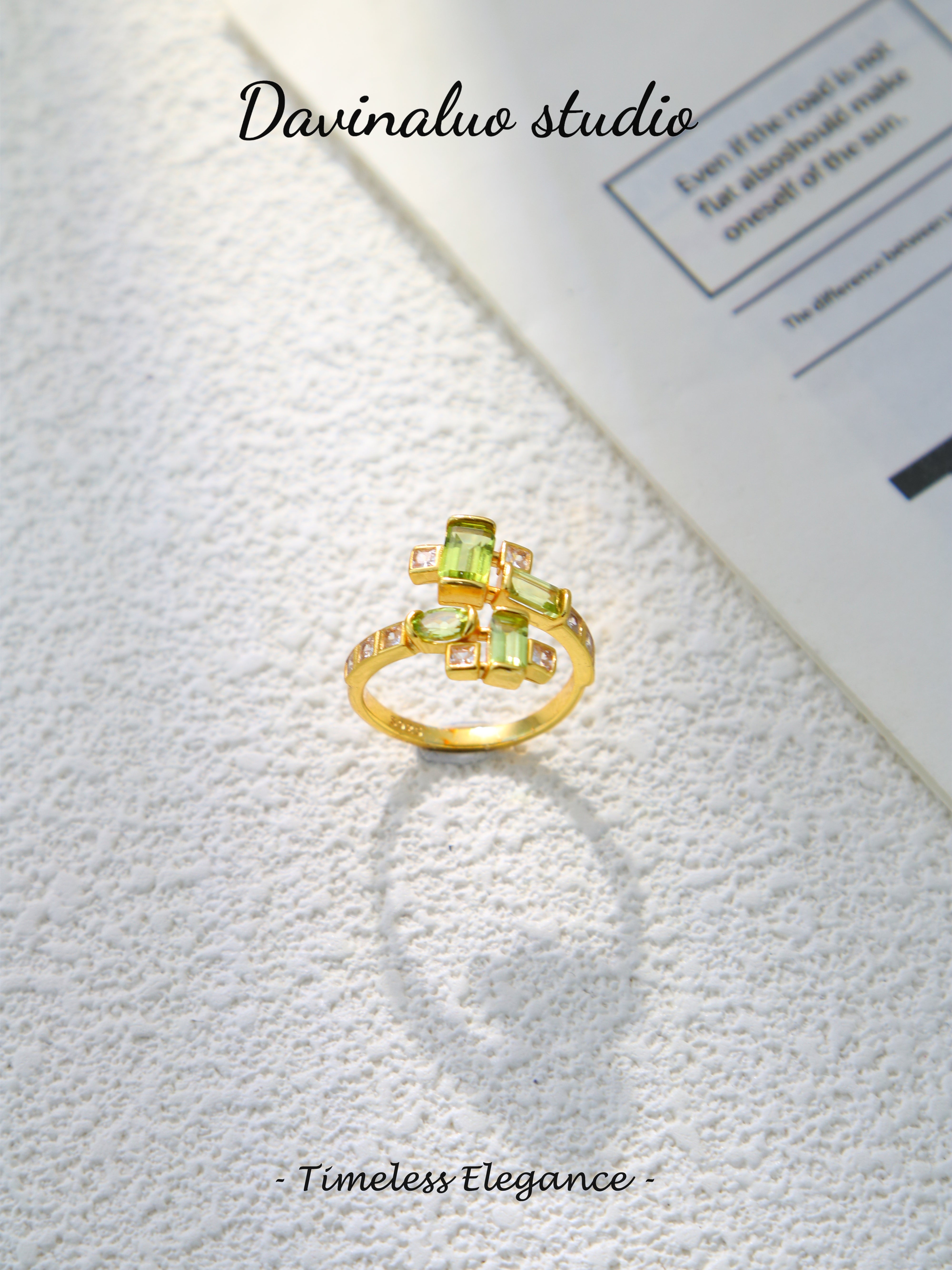 S925 Gold Classic Emerald-Cut Peridot Ring D0623042