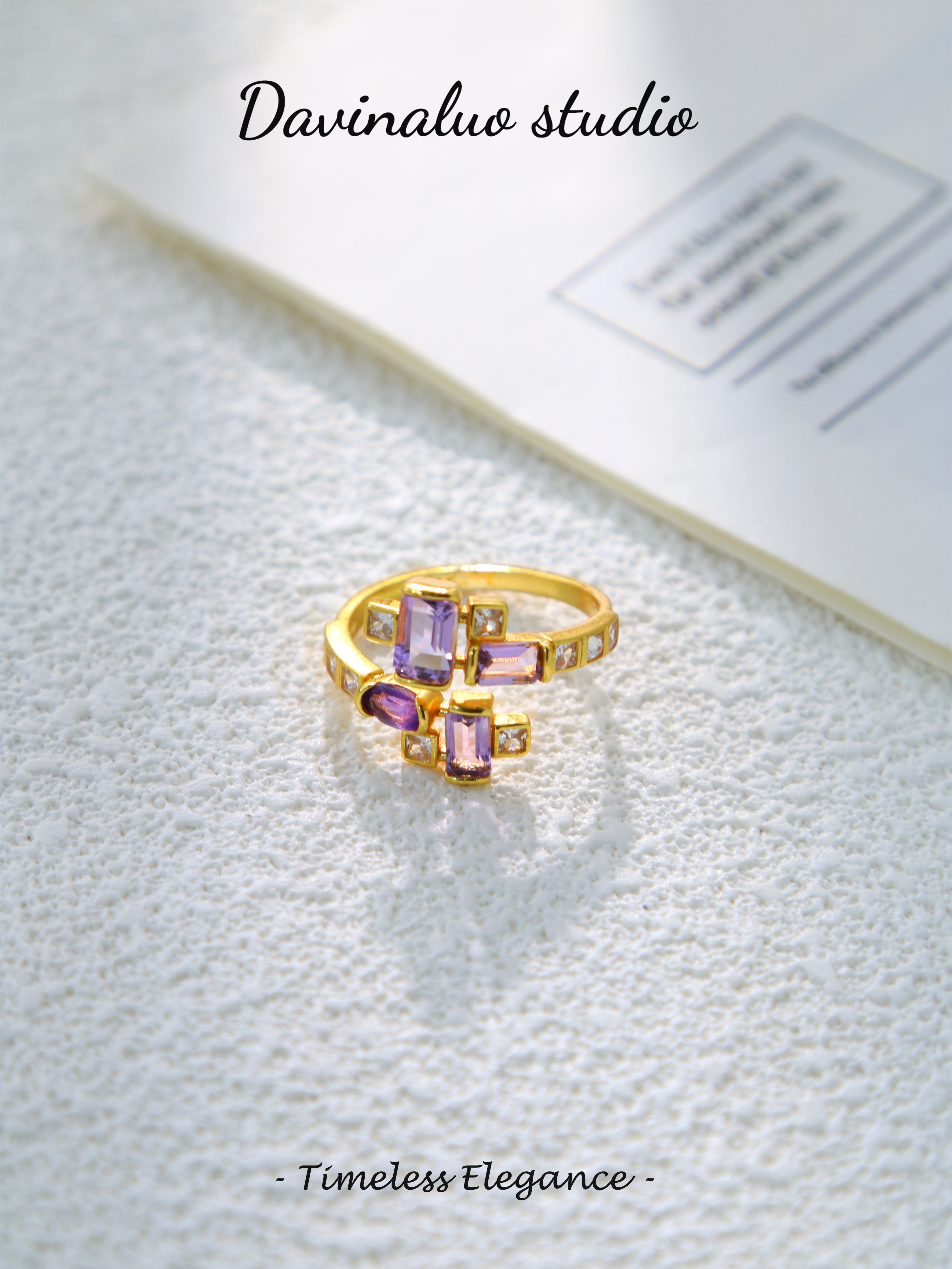 S925 Gold Classic Emerald-Cut Amethyst Ring D0623049