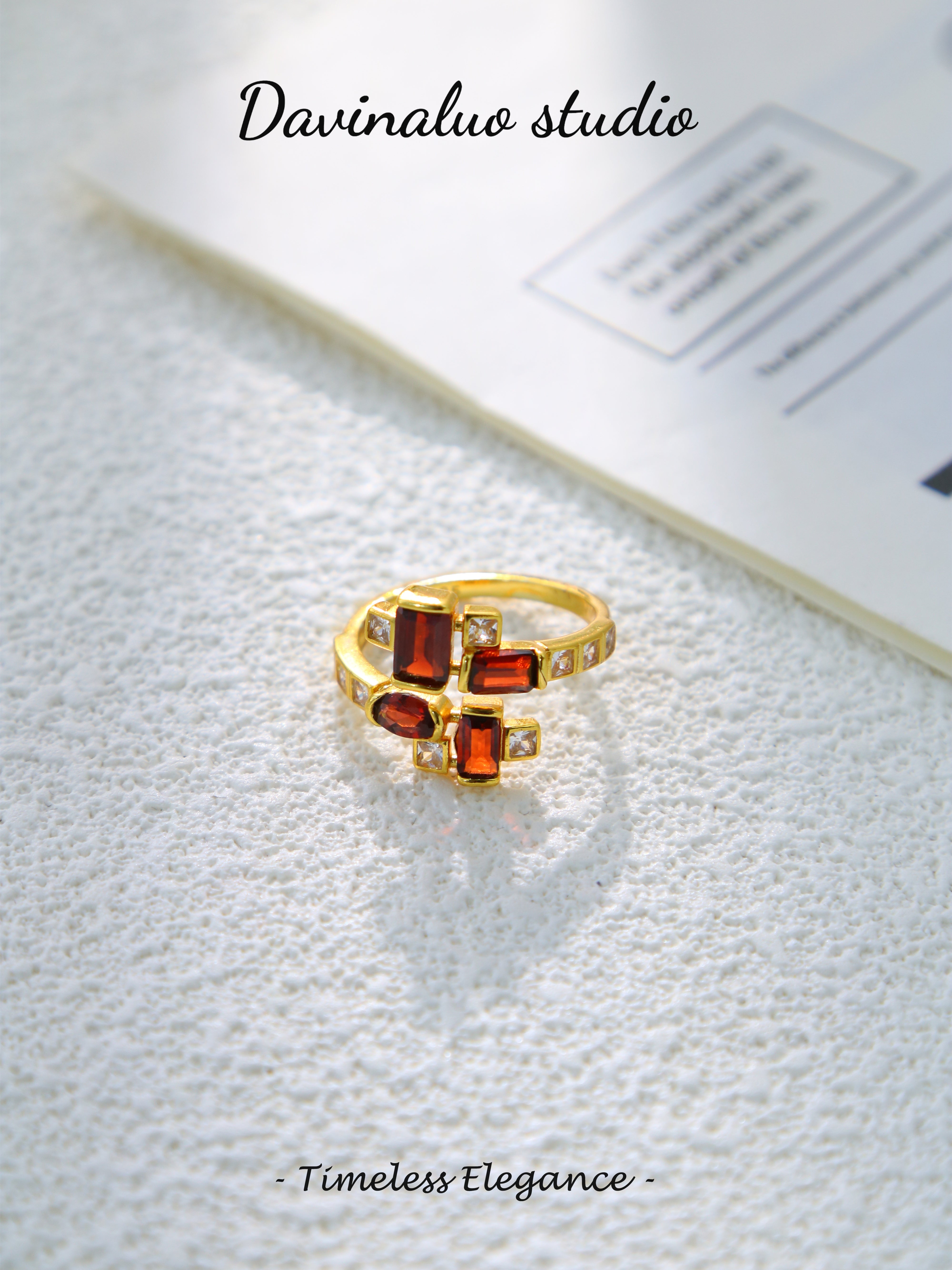 S925 Gold Classic Emerald-Cut Garnet Ring D0623073
