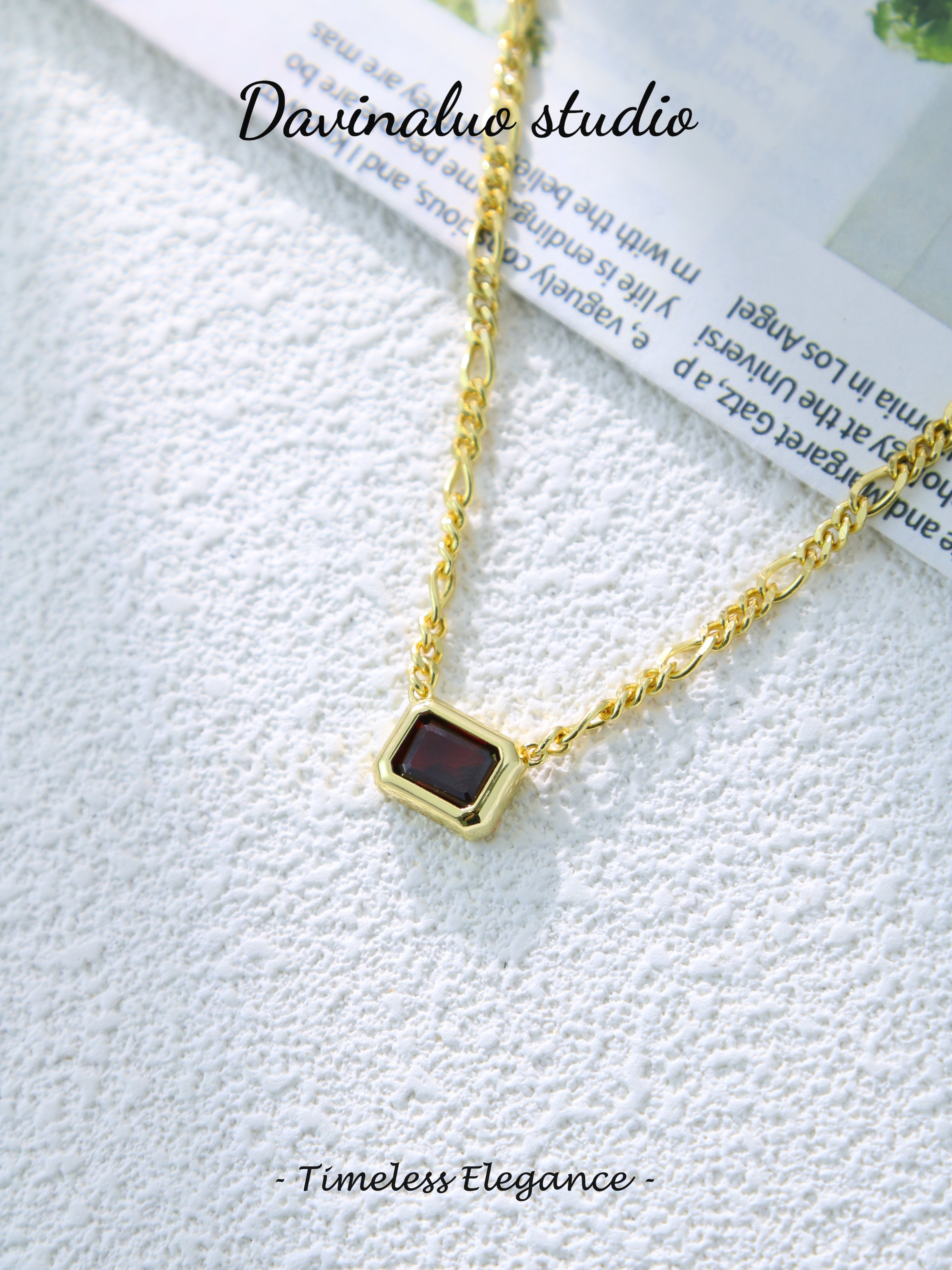 S925 Gold Classic Emerald Cut Garnet Necklace D0701053