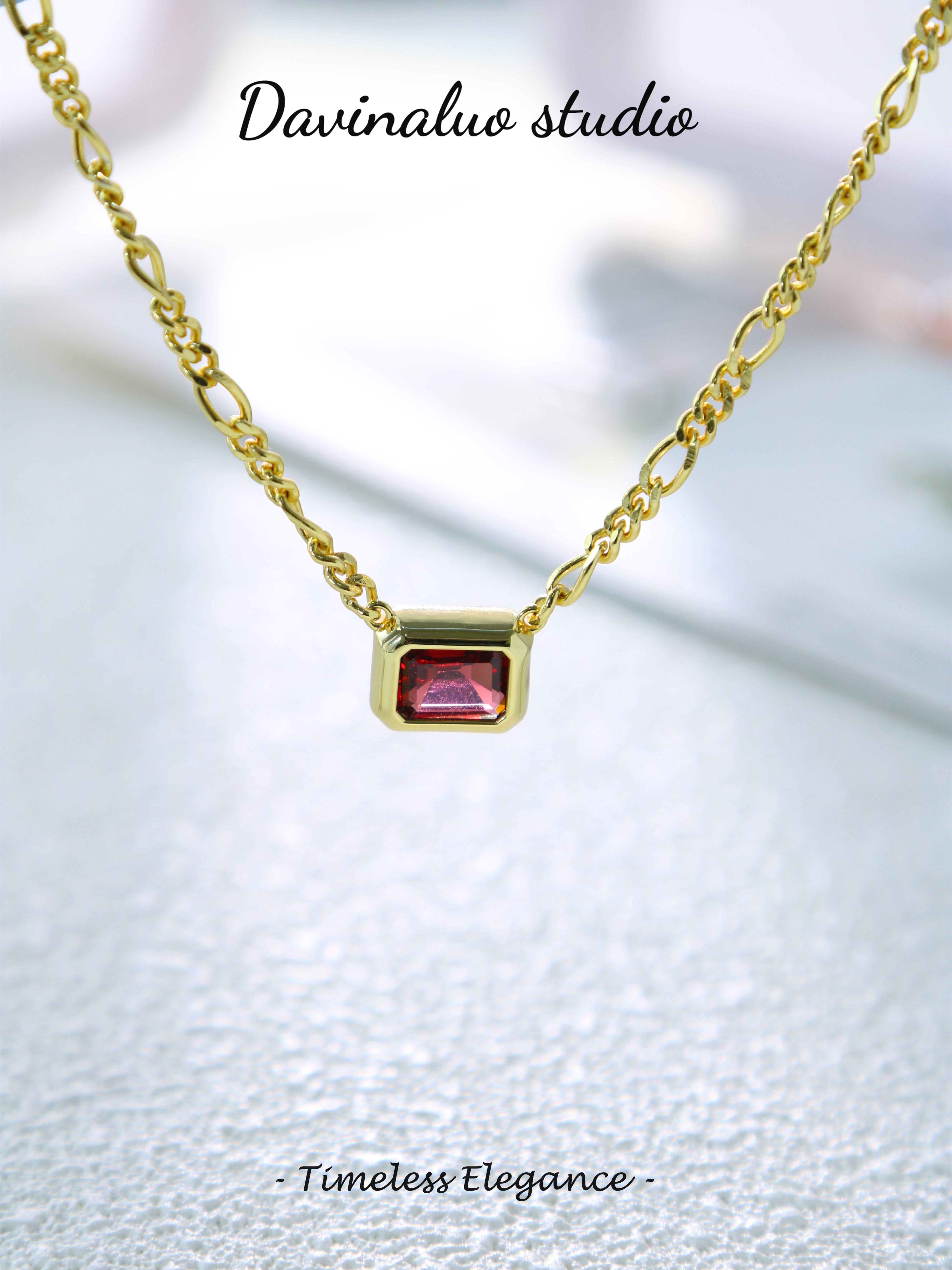 S925 Gold Classic Emerald Cut Garnet Necklace D0701053