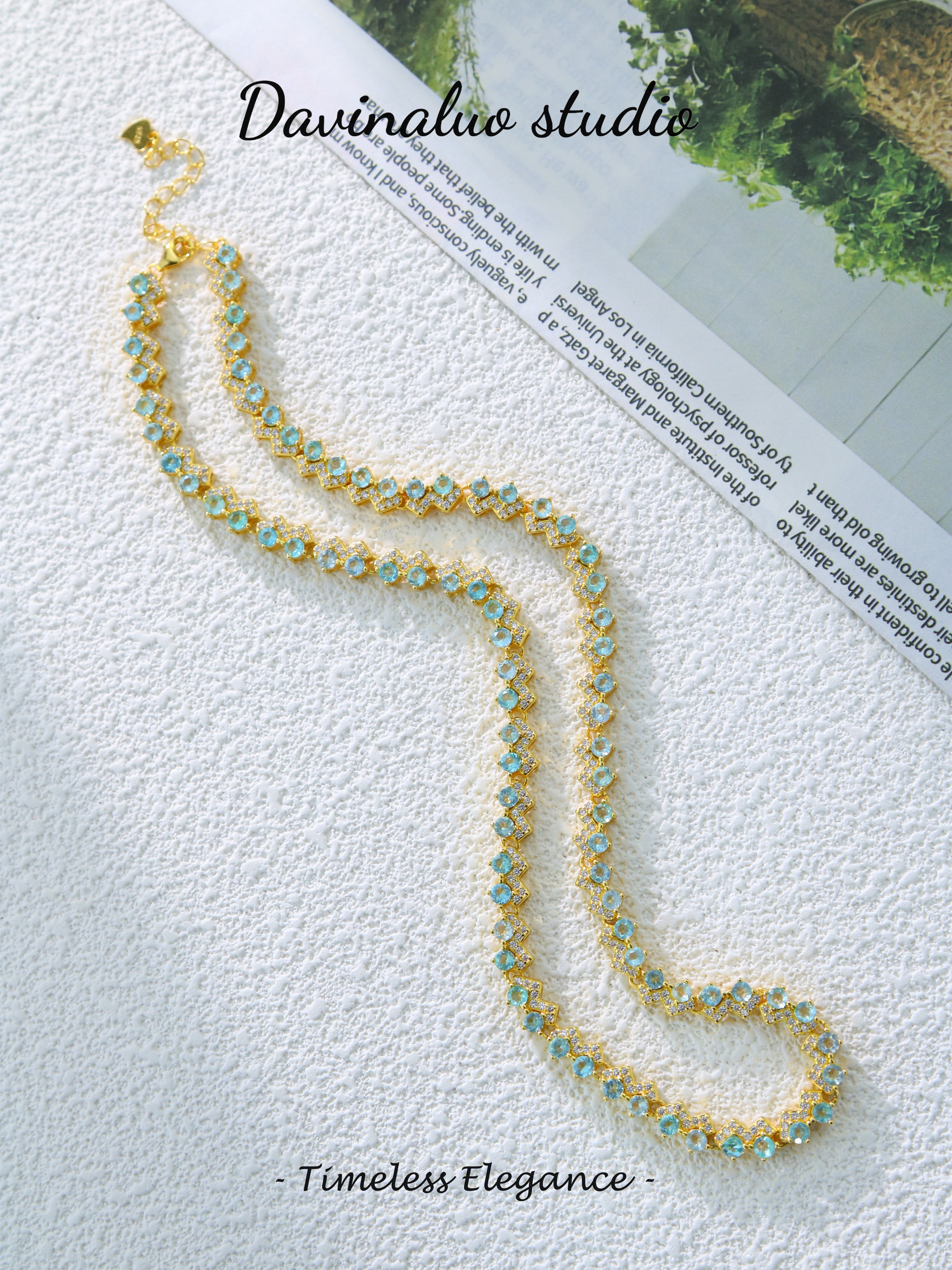 S925 Gold Simple Round Cut Blue Apatite Necklace D0610035