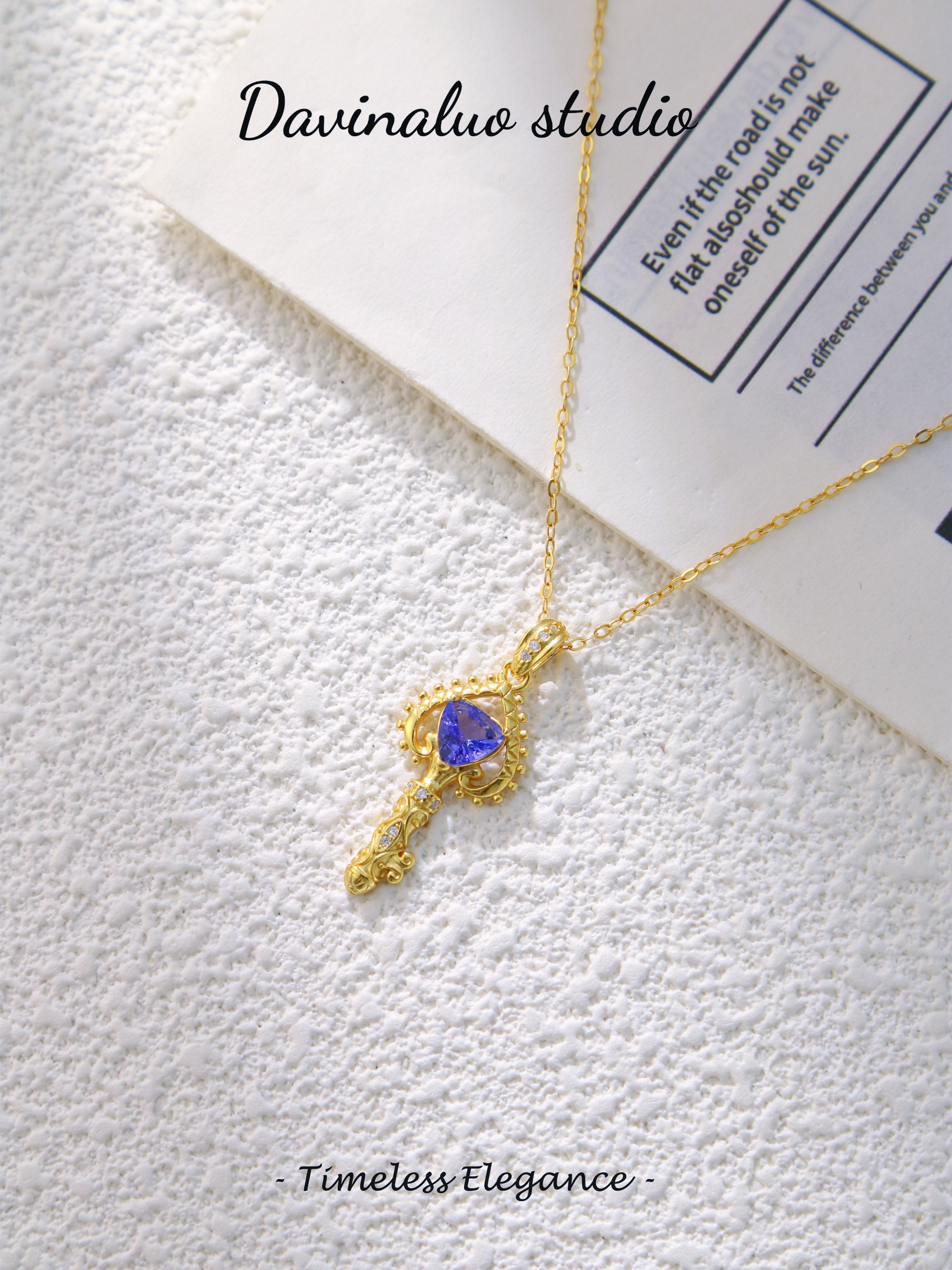 S925 Gold Minimalist Triangle Cut Tanzanite Pendant 040228044