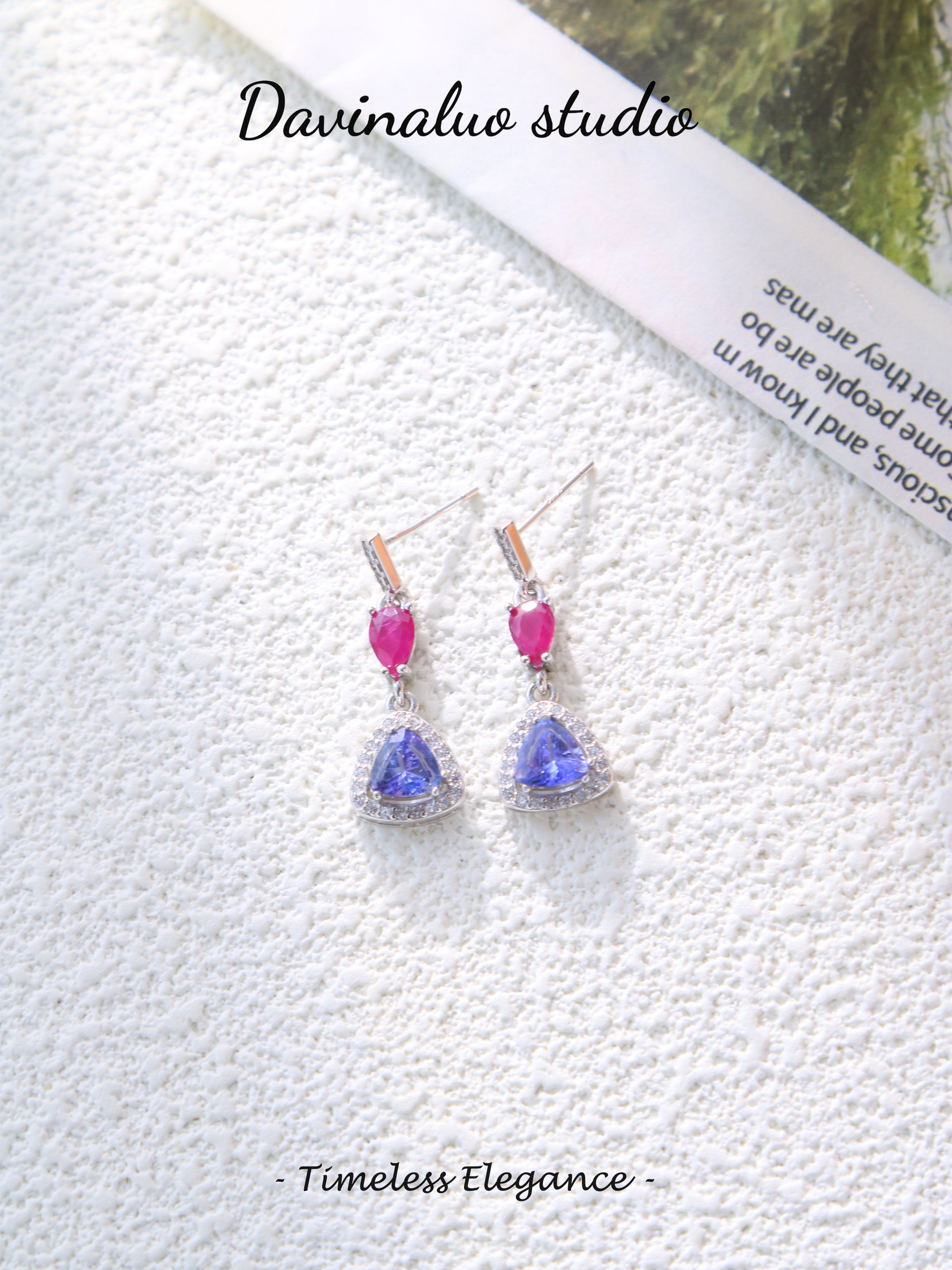 S925 Silver Simple Pear/Triangle Cut Ruby/Tanzanite Stud Earrings D0718015