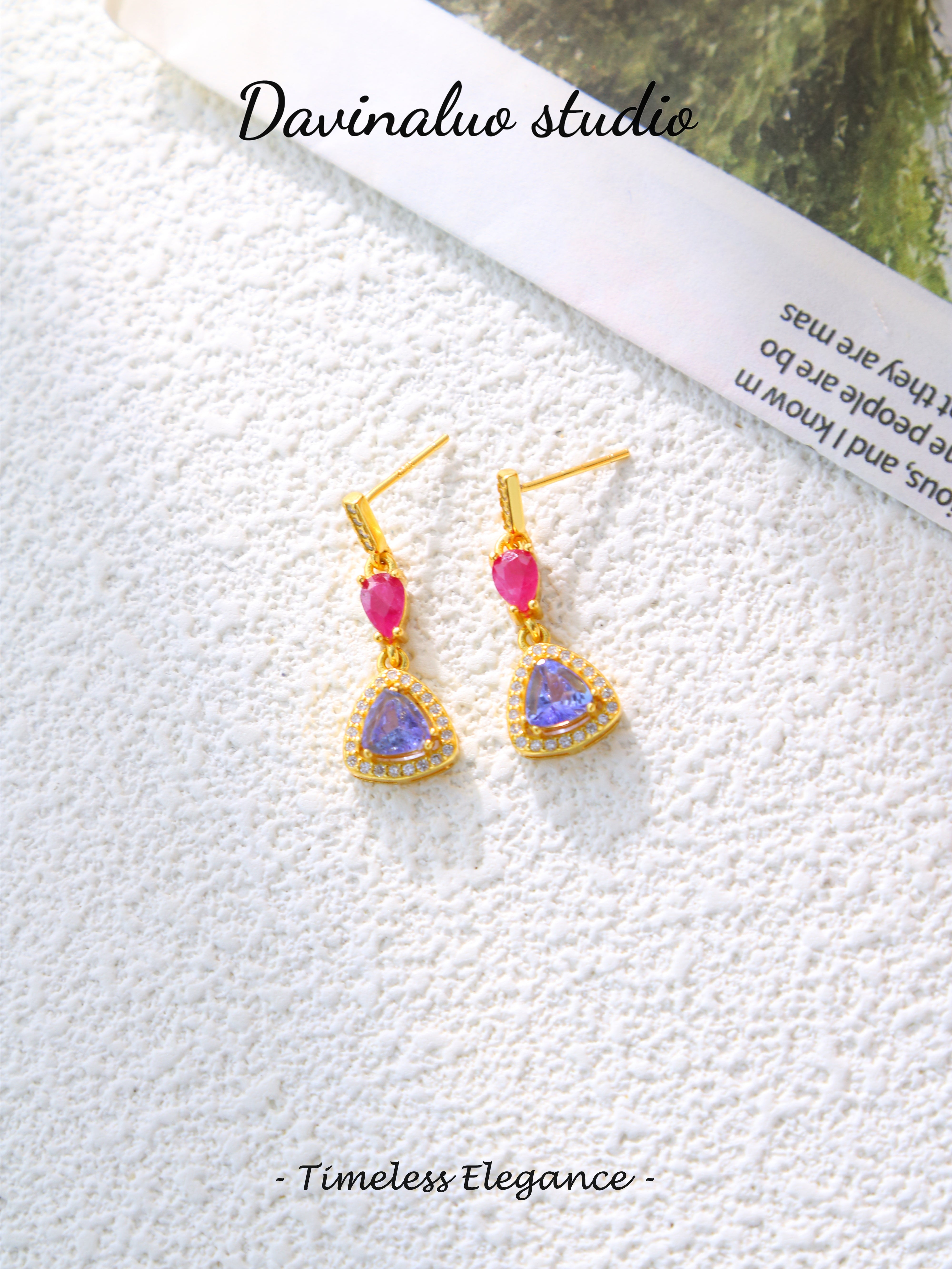 S925 Gold Minimalist Pear/Triangle Cut Ruby/Tanzanite Stud Earrings D0718014
