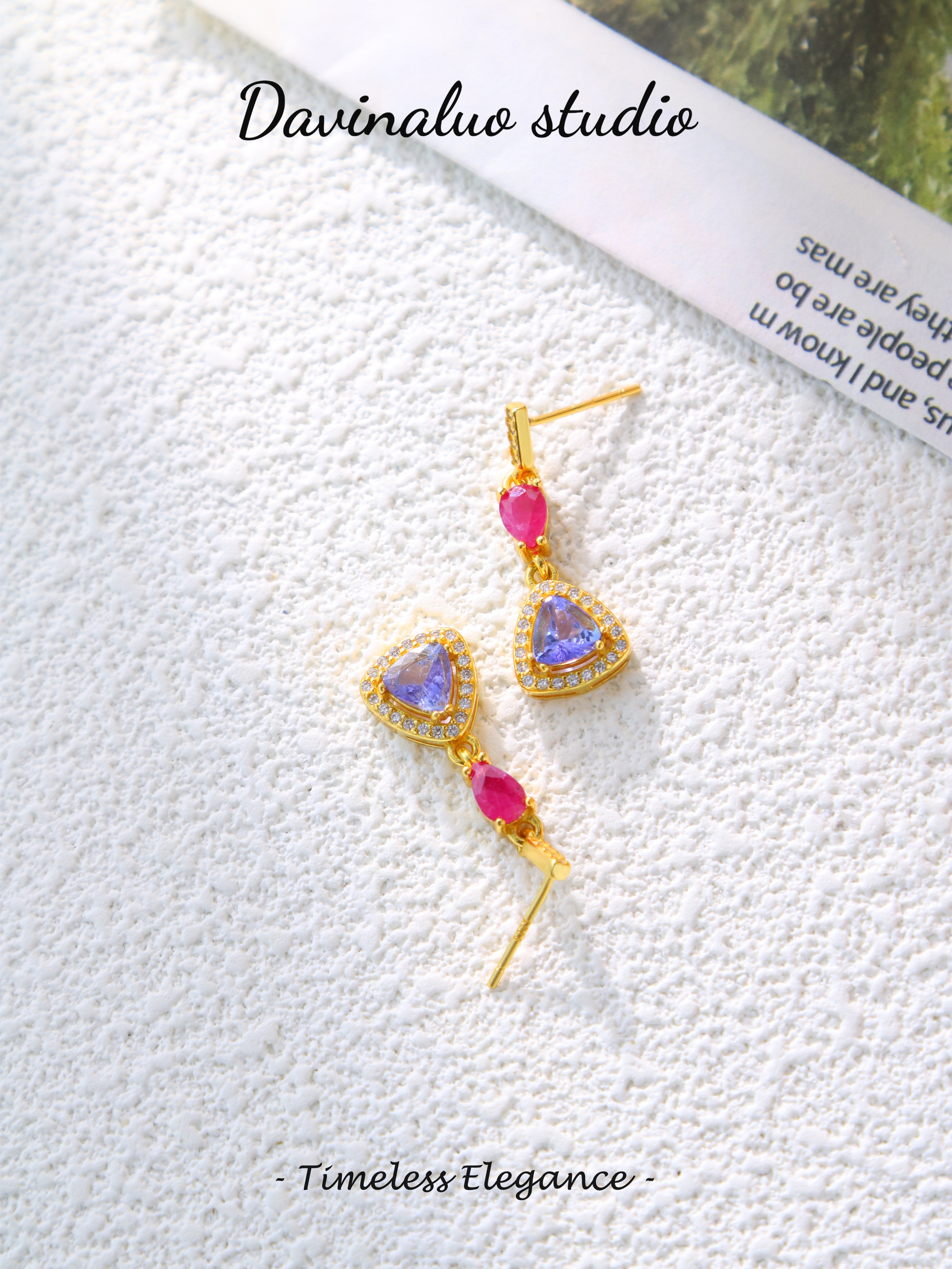 S925 Gold Minimalist Pear/Triangle Cut Ruby/Tanzanite Stud Earrings D0718014