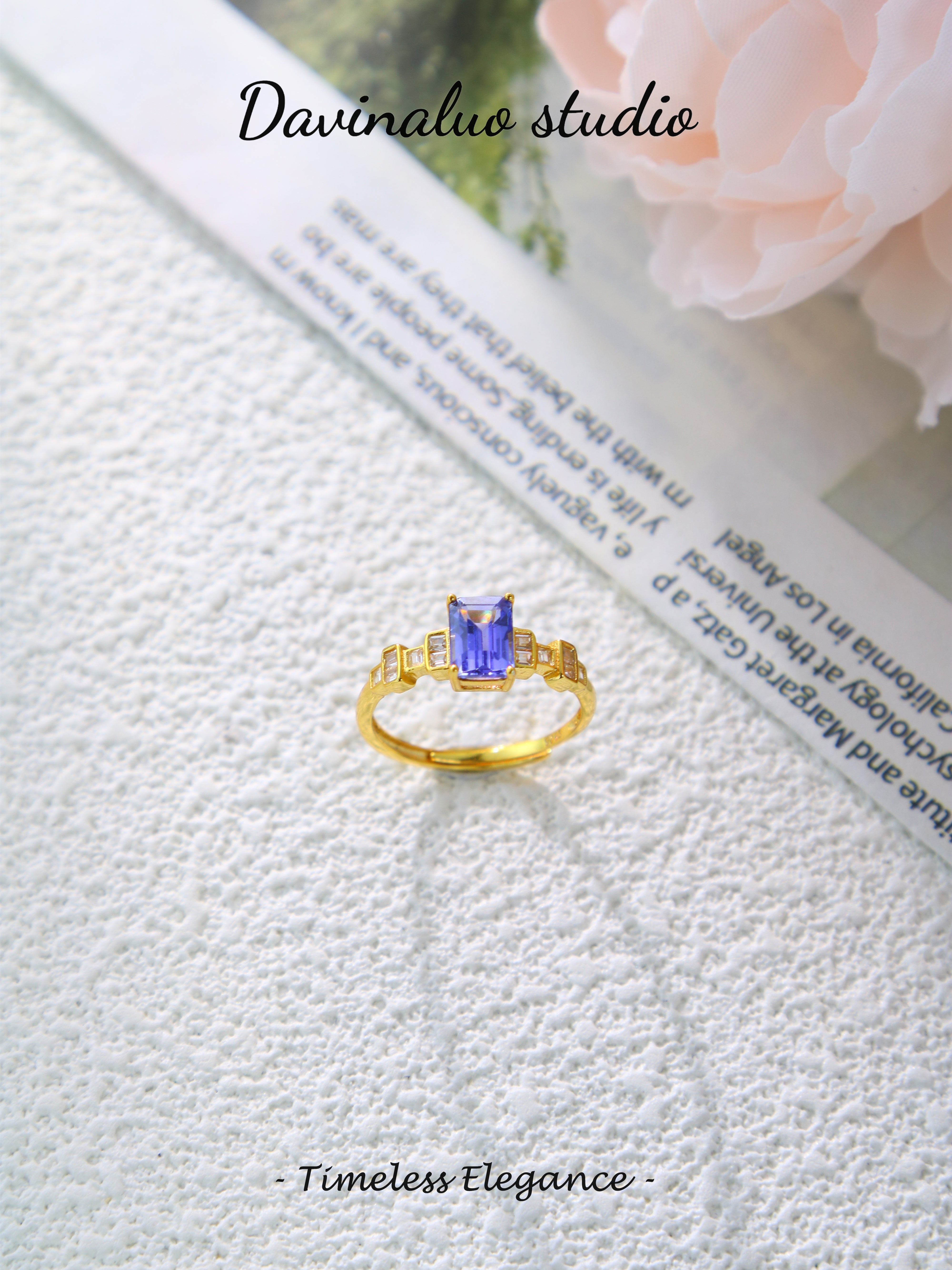 S925 Gold Classic Emerald Cut Tanzanite Ring D0721015