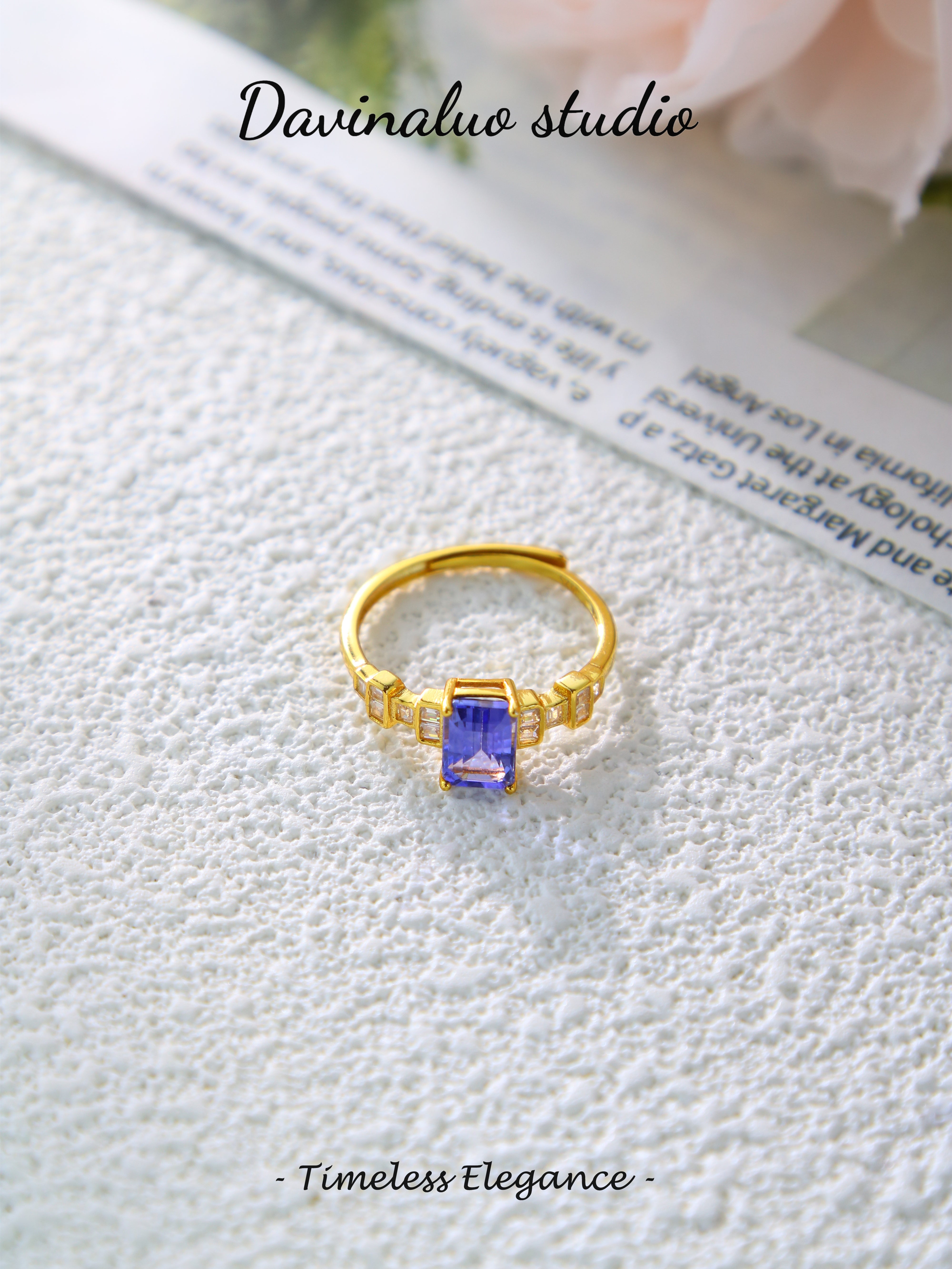 S925 Gold Classic Emerald Cut Tanzanite Ring D0721015