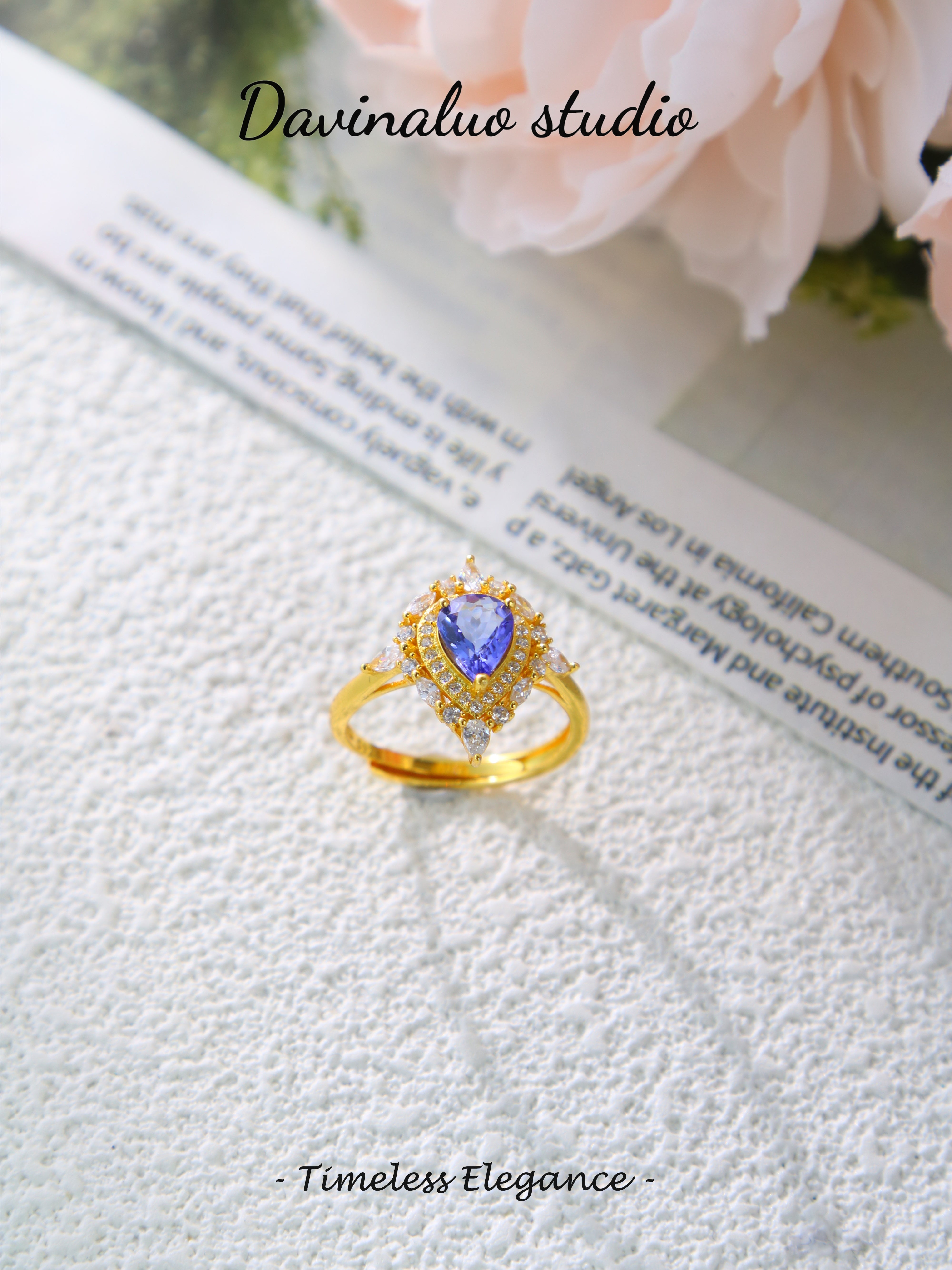 S925 Gold Classic Pear-Cut Tanzanite Ring D0719006G
