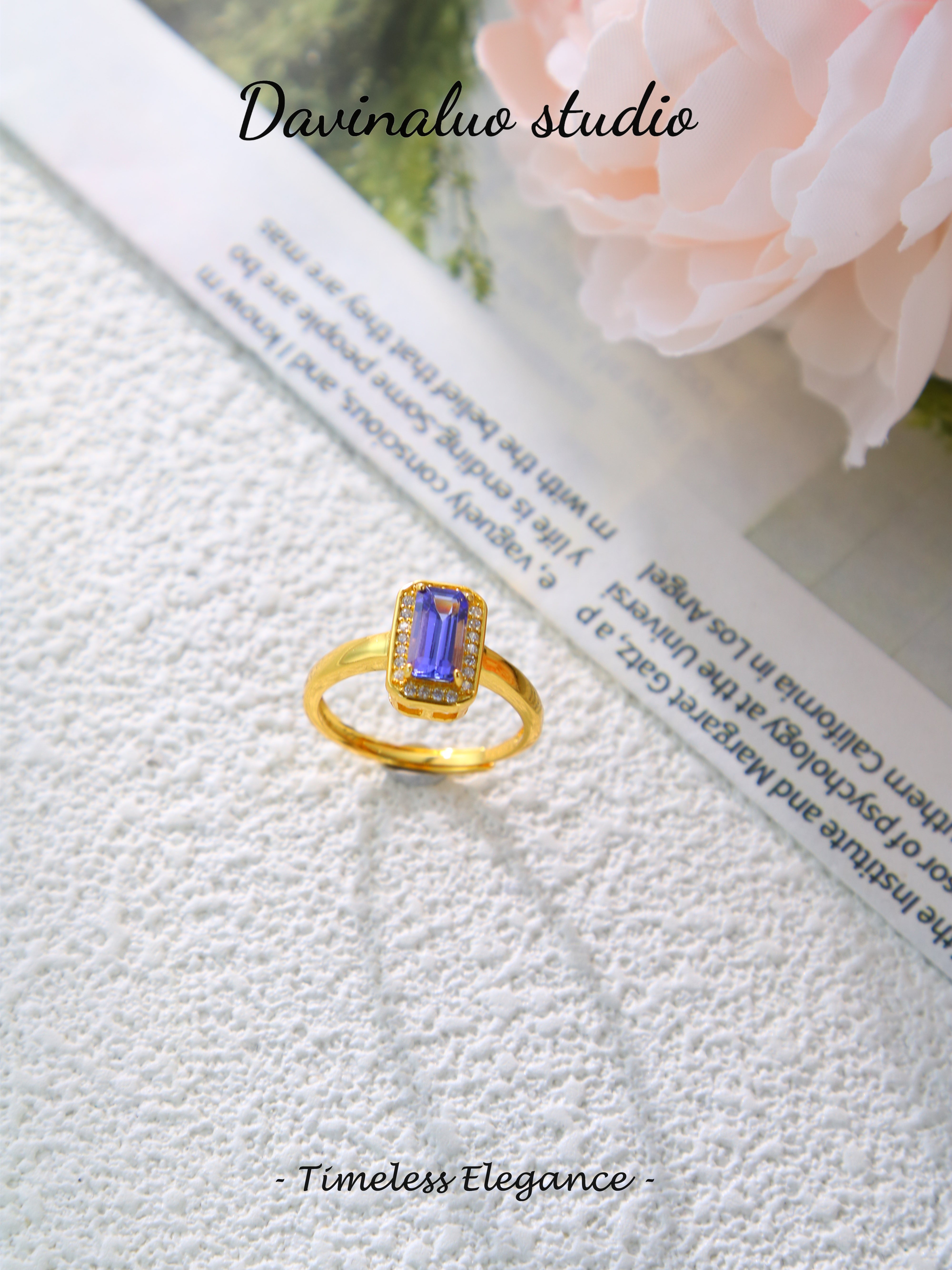 S925 Gold Classic Emerald Cut Tanzanite Ring D0721008