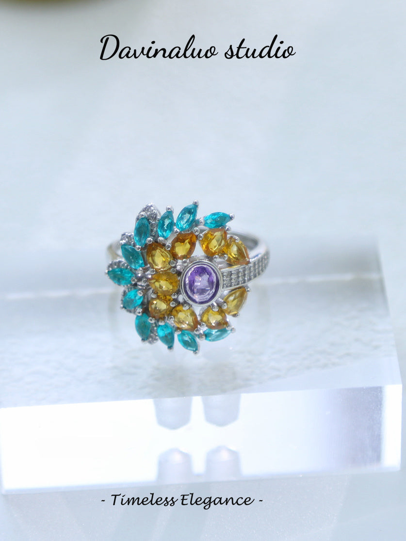 S925 Silver Multiple Colorful Gemstone Ring