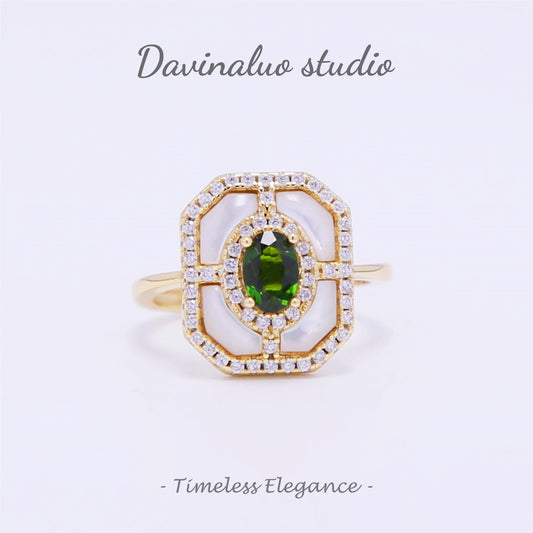 S925 Silver Natural Diopside Vintage Square Ring THR008