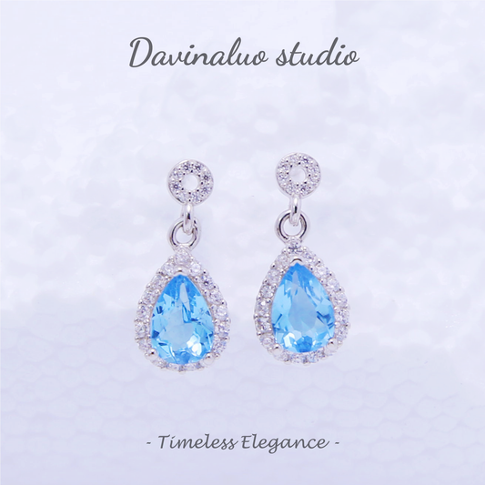 S925 Silver Natural Topaz Water Drop Blue Earrings TPSE008