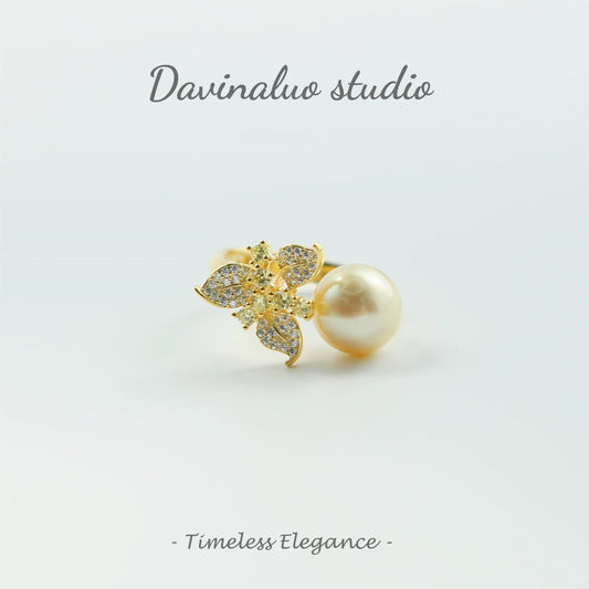 S925 Silver 18K Gold Plated Natural Seawater Strong Golden  Pearl Flower Ring High Luster Big size 9-10mm HSN102201