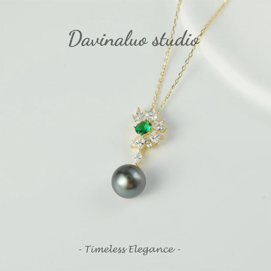 S925 Silver Natural Seawater Tahitian Greenish Black  Pearl  with Cultured Emerald Pendant  High Luster Big size HSH102218-1