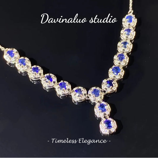 S925 Silver Burma Royal Blue Sapphire Y Shape Fancy Necklace L917L4990T