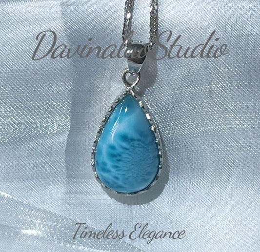 S925 Silver  Natural Dominican Larimar Pear Cutting Necklace 4.4g