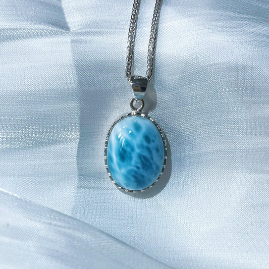 S925 Silver Natural Dominican Larimar Oval Shape Necklace 4.8g