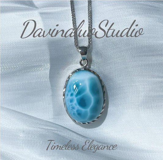 S925 Silver r Natural Dominican Larimar Oval Shape Necklace 9.2g
