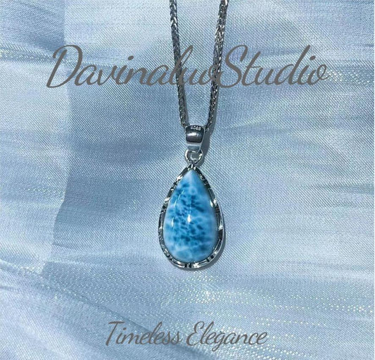 S925 Silver  Natural Dominican Larimar Pear Cutting Necklace 3.7g